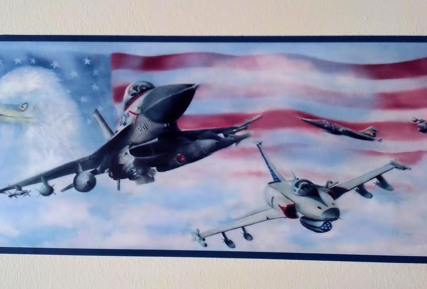 Wallpaper Border Air Force Jet Fighters American Flag & Eagle with Blue Trim