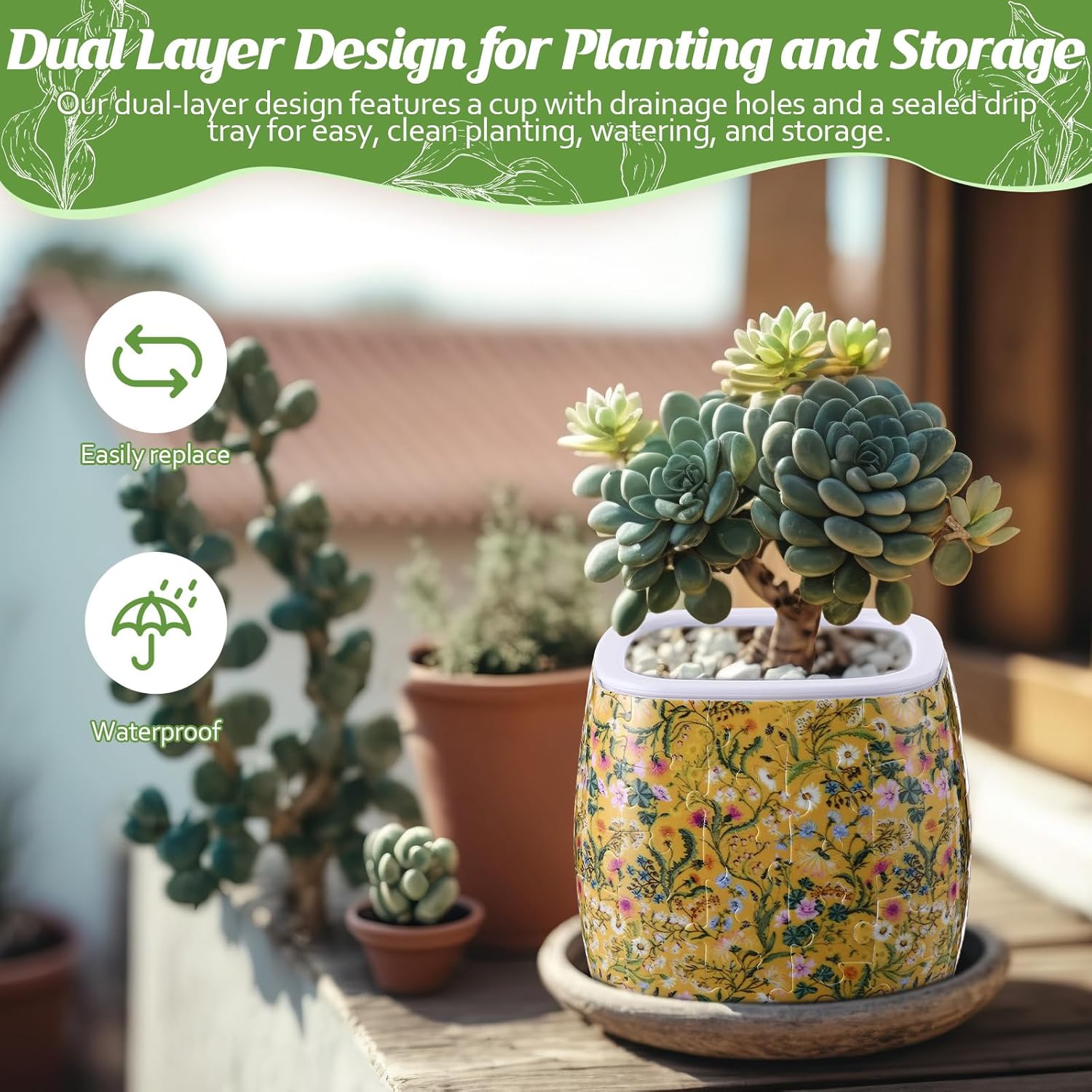 Enhon 2 Pack 3D Puzzle Planter Set, Golden Meadow Floral and Vintage Roses Design, 96 Pieces 3D Puzzle Vase, Indoor Cactus and Succulent Pots, Engaging Home Decor Craft, Ideal for DIY Lovers