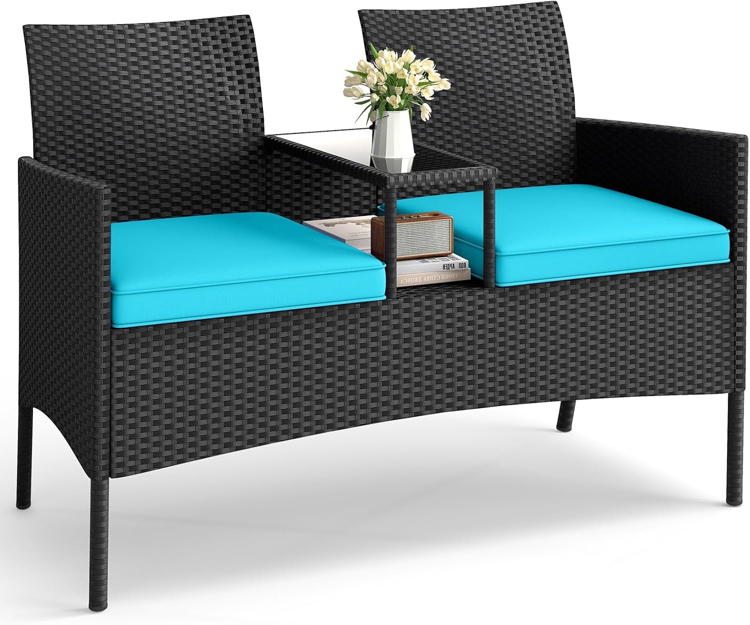 HAPPYGRILL Outdoor Rattan Loveseat, 2-Seat Patio Conversation Set with Built-in Coffee Table, Cushions, Wicker Bench Furniture for Backyard, Garden, Balcony, Porch (Turquoise)