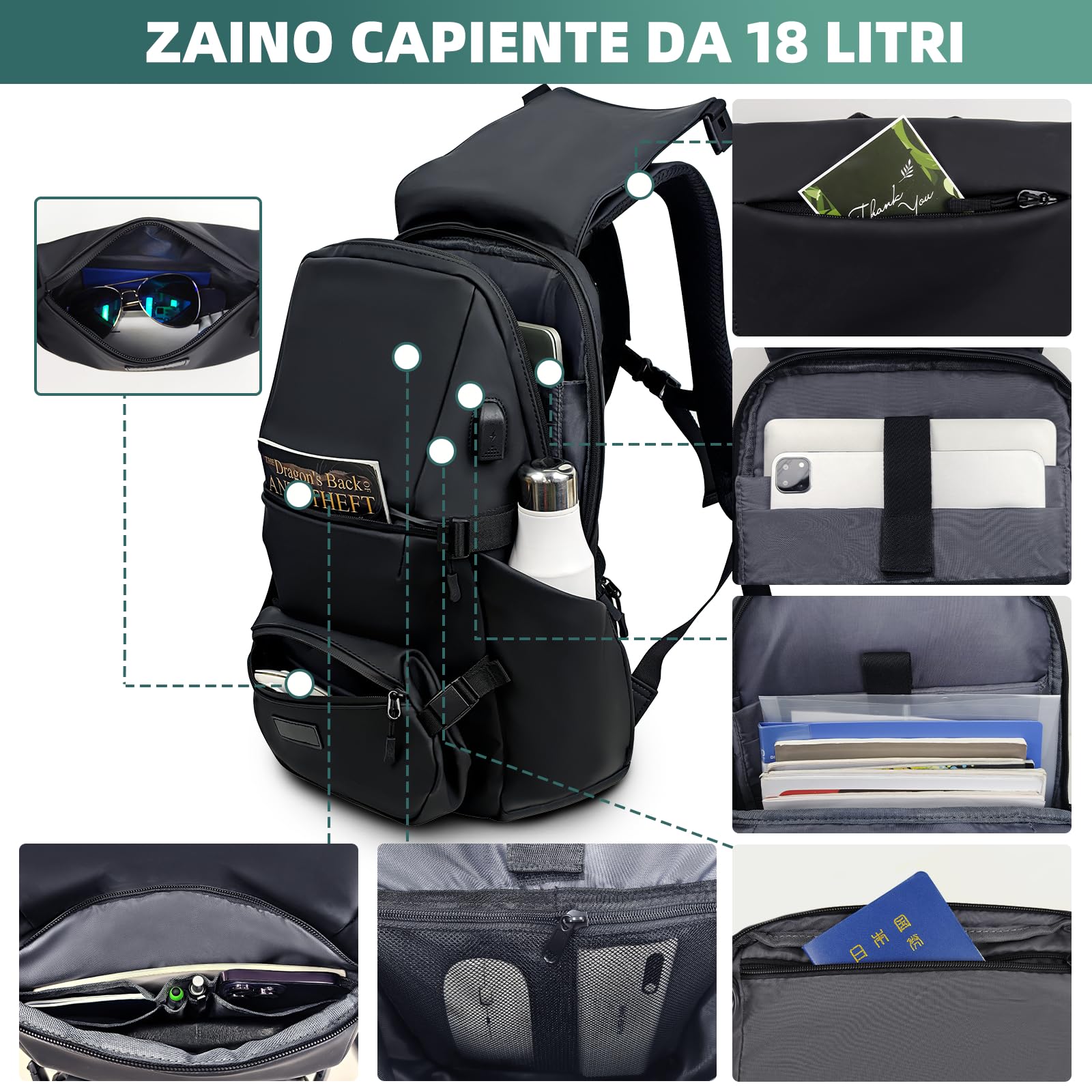 KINGSLONG Zaino da viaggio Business 2 in 1 zaino leggero da 15,6 pollici, marsupio rimovibile, impermeabile, antifurto, nero, ideale per viaggi, lavoro e uso quotidiano