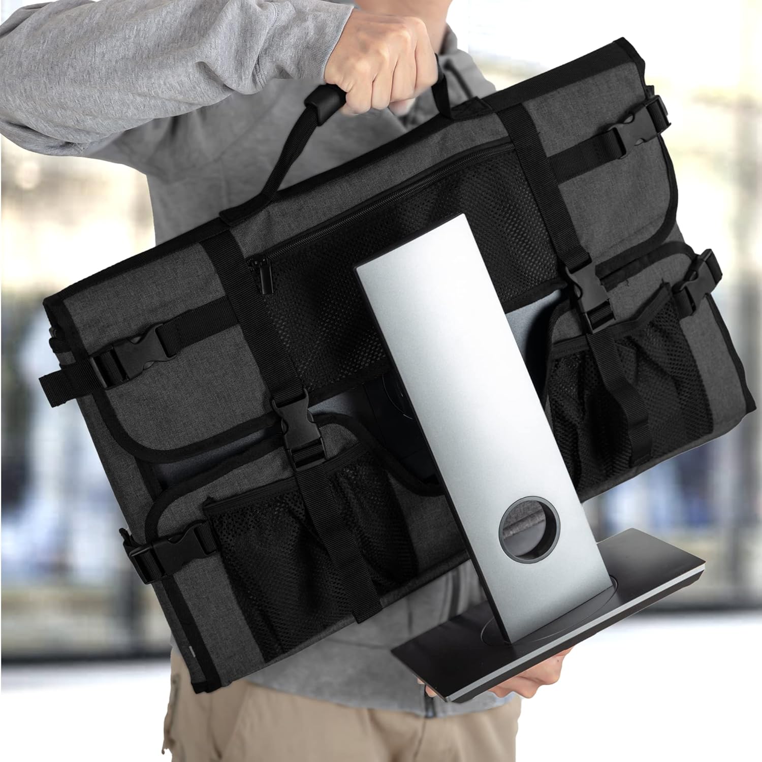 CURMIO 24 Inch Monitor Carrying Case, Universal 24" Computer Monitor Bag with Rubber Handle and Pockets, Black (Patented Pending)