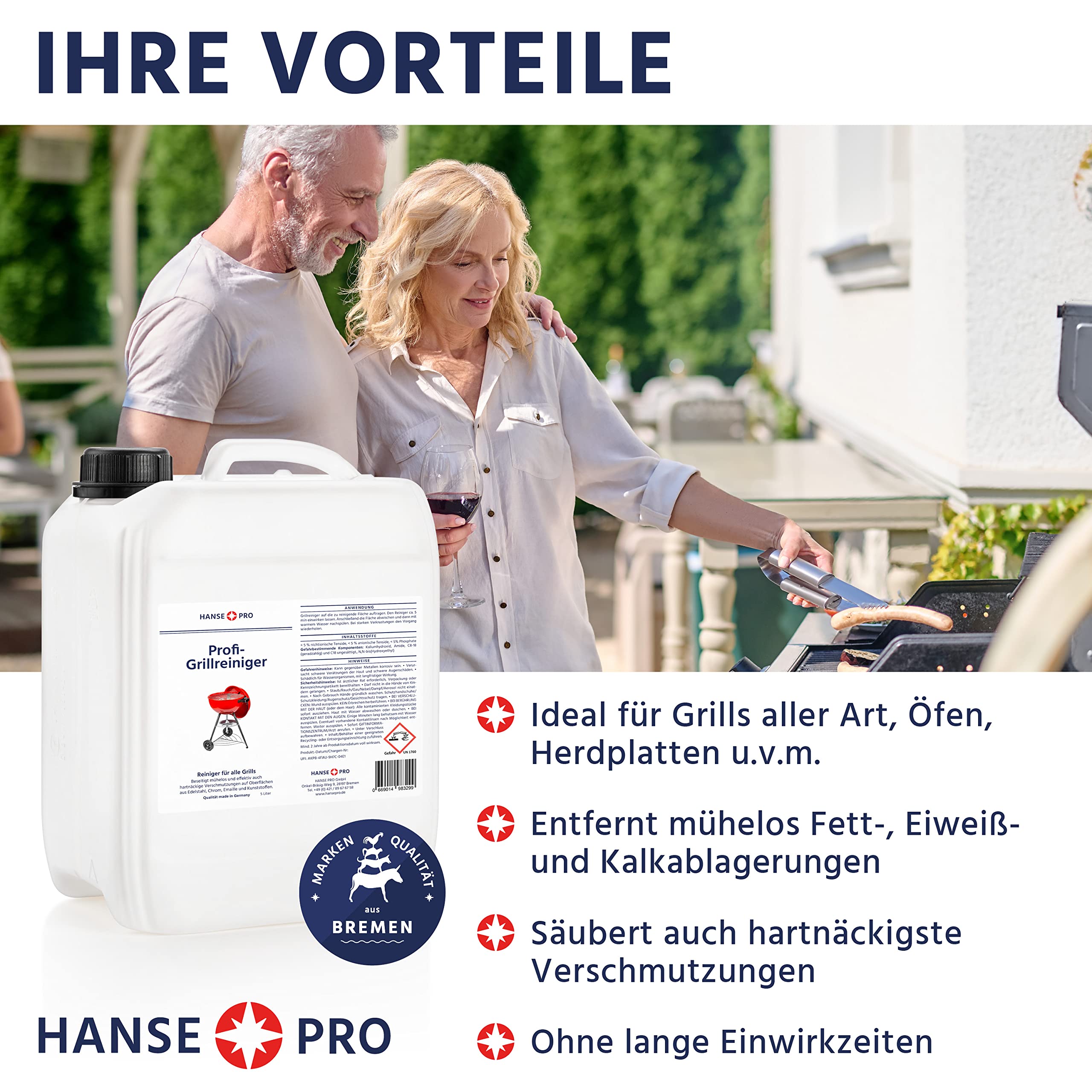 HANSE PRO Profi-Grillreiniger, im 5 Liter-Kanister I löst hartnäckige Verkrustungen und Rückstände I für Grillrost, Herdplatten, Öfen, Dunstabzugshauben I optimal für Edelstahl I Grillrost-Reiniger