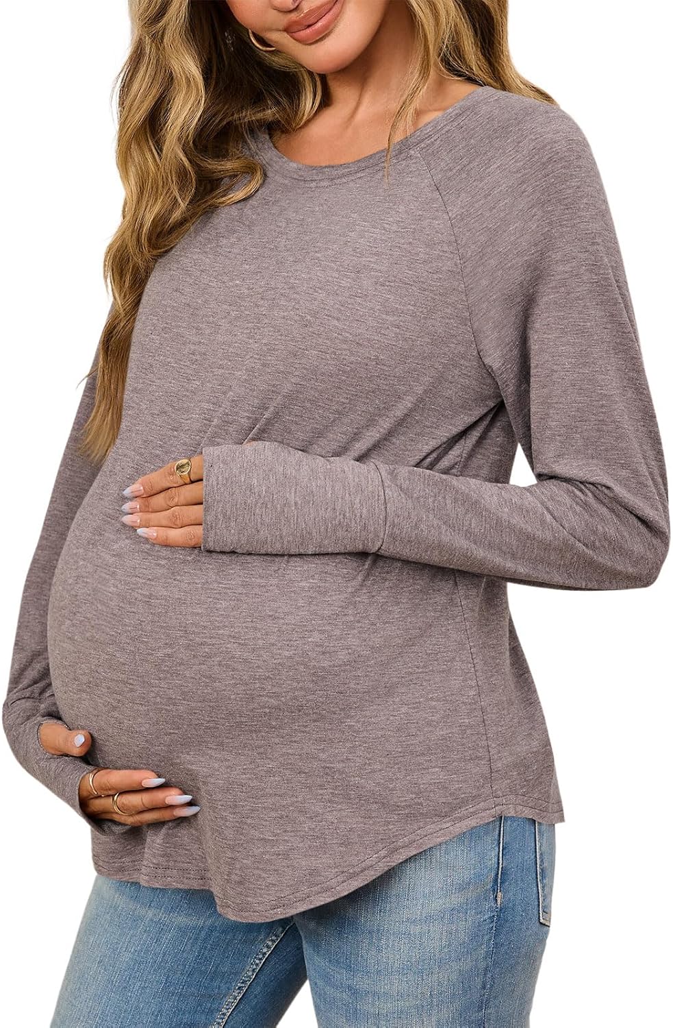 Yousify Womens Maternity Shirts Long Sleeve Round Neck Tops Pregnancy Clothes Loose Fit Casual Blouses with Thumb Holes
