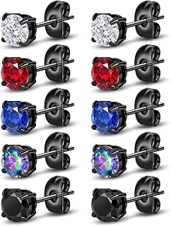 5 Pairs 5A Cubic Zirconia Stud Earrings for Women Men, 5 Colors Hypoallergenic Stainless Steel Studs Jewelry Set for Sensitive Ears 6mm Trendy Studs Daily Party Gift