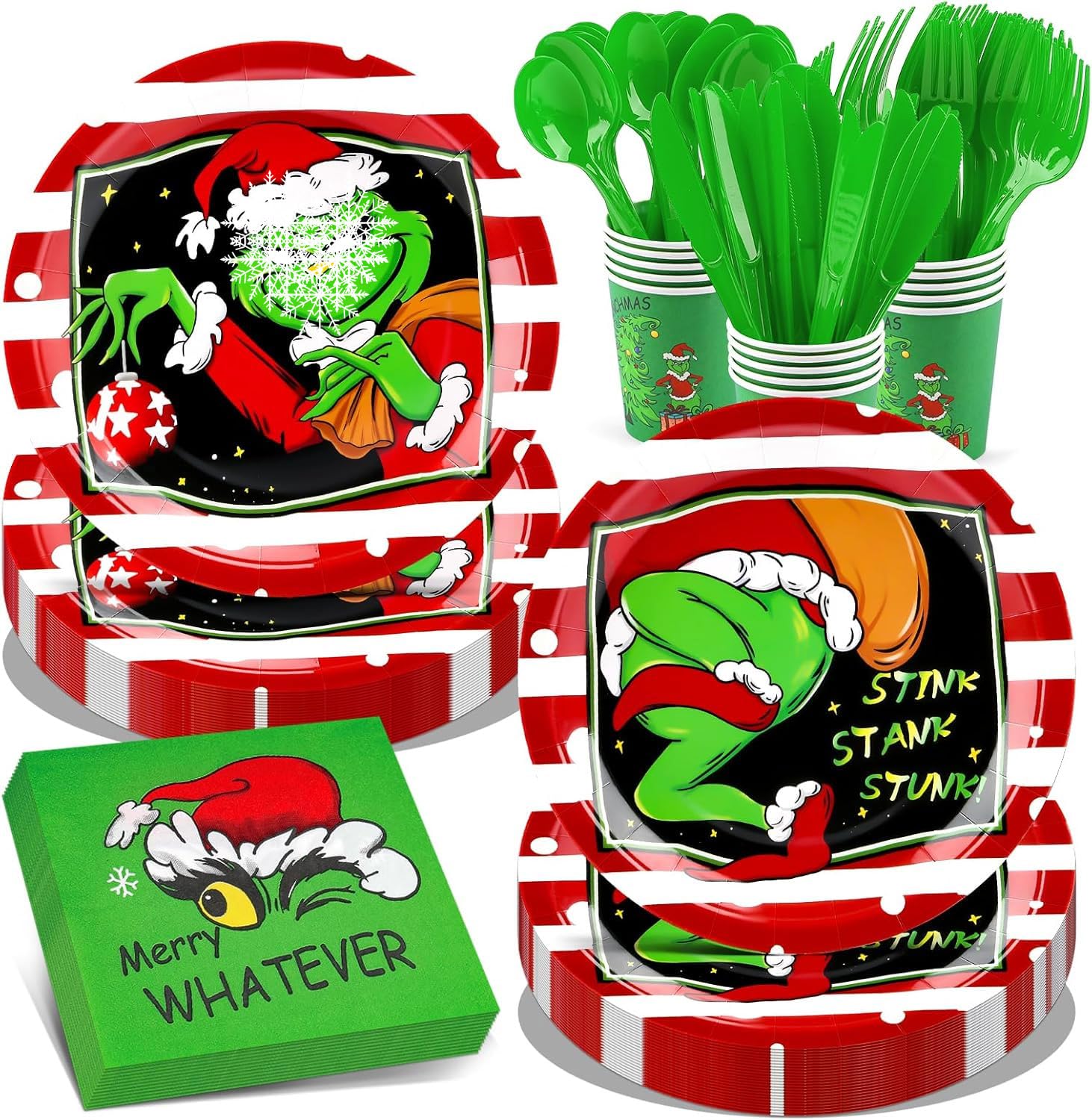 175 Pcs Christmas Paper Plates Set - Include Paper Plates Cups Cutlery Napkins for Christmas Party Supplies, Serve 25 Guests