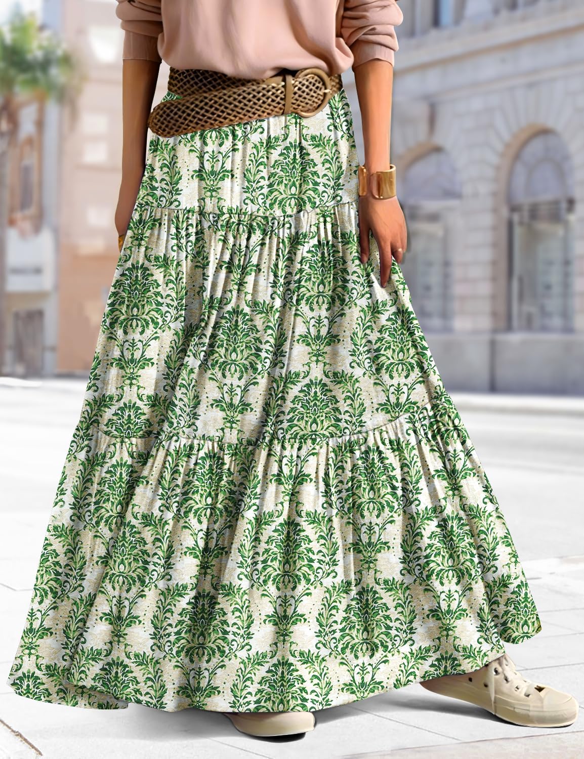 YESNO Women's Summer Boho Floral Maxi Skirts Casual Flowy Tiered A-Line Elastic Waist Skirt with Pockets SK0 - Image 4
