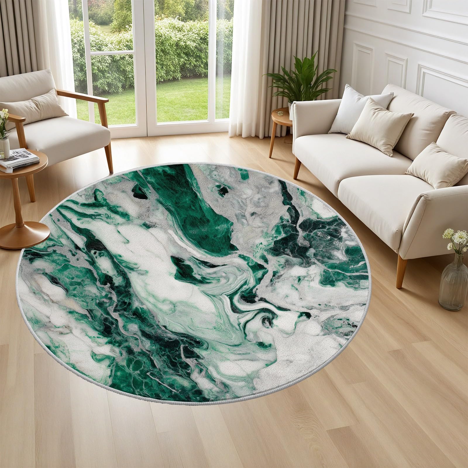 Teppich Rund Marmoriert 80cm - Smaragd Grüne Weißer Marmor Optik