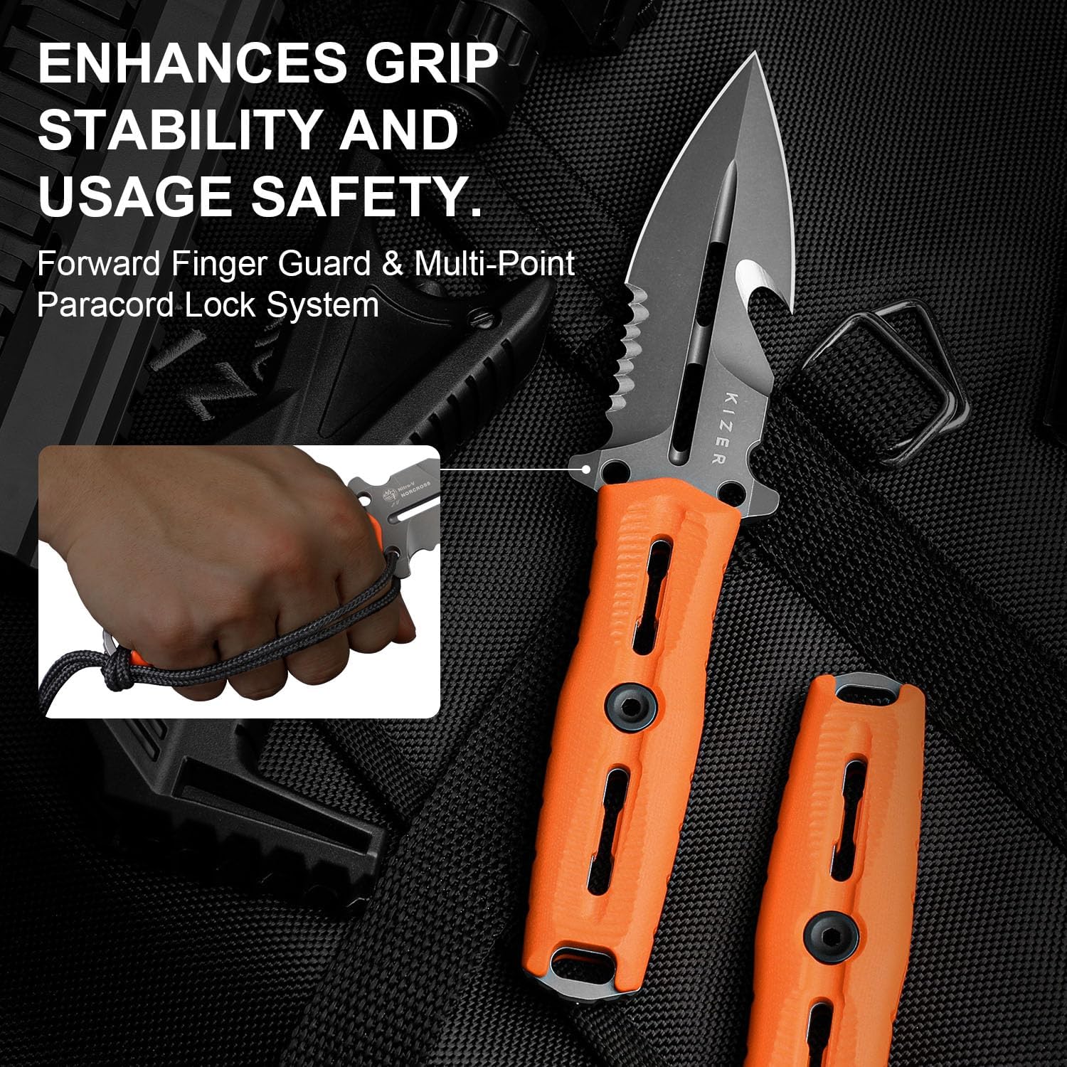 Kizer NORCROSS Fixed Blade Knife, 4.09" Double Edge Nitro V Blade Hunting Knife with Glass-Breaker & Tritium Vial Slot, Camping Survival Knives with Orange 3D Biomimetic G10 Handle & Sheath, ZX-FB01A5