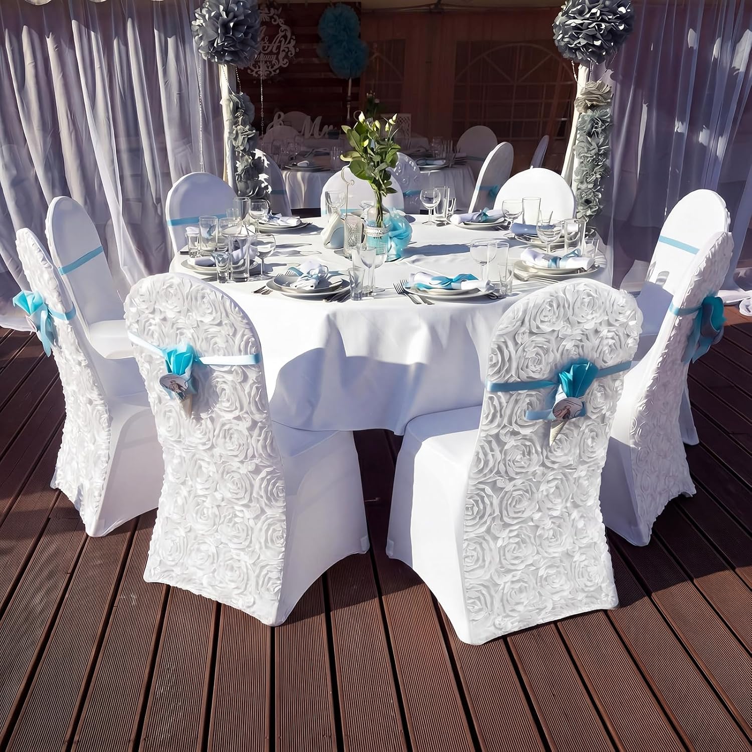2 Pack White Satin Rosette Spandex Folding Chair Covers with Foot Pockets, Stretch Chair Covers for Standard Folding Chairs, Wedding Party Dining Banquet Decoration