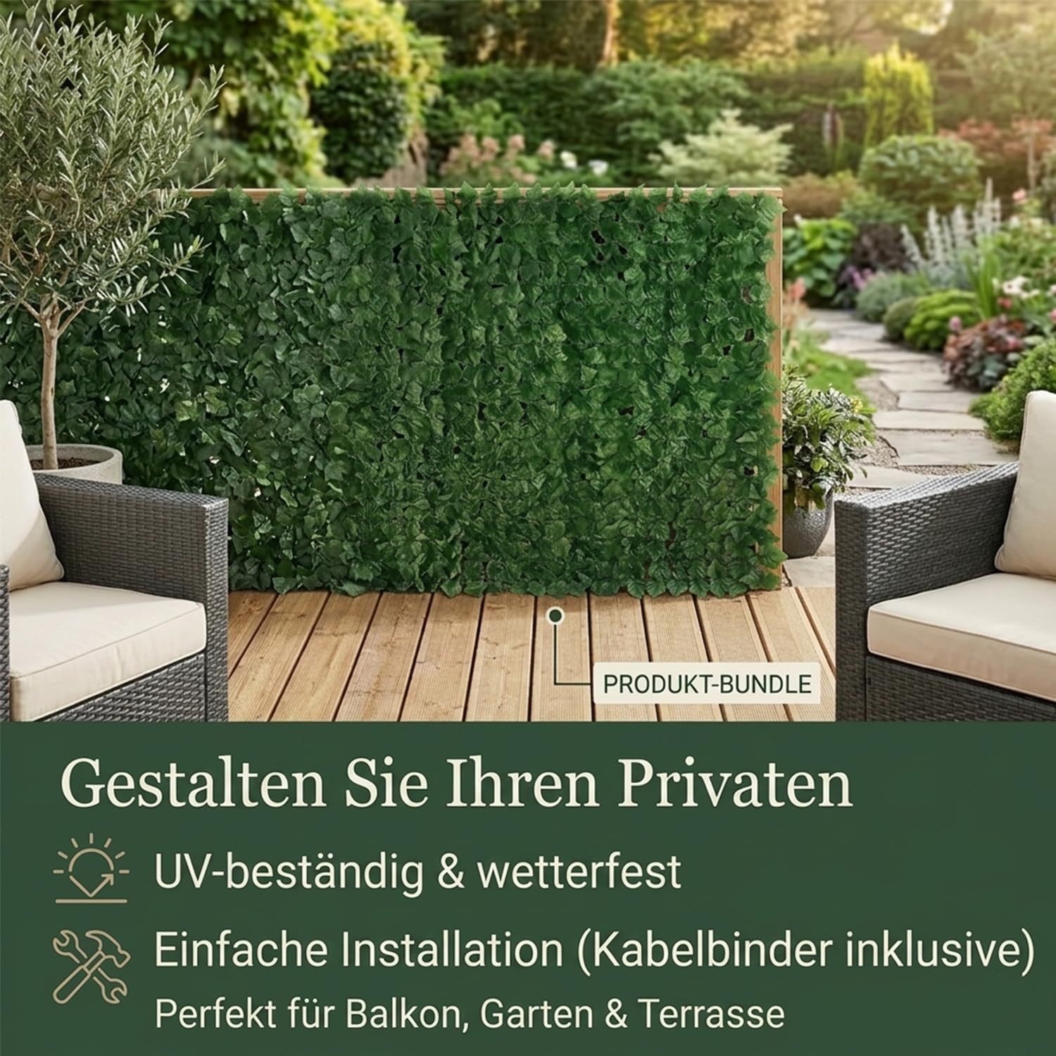 Künstliche Efeu Garten Sichtschutz,Balkon Sichtschutz,Künstliche Efeu Blatt Dekoration für Gartenhecken Balkon Außendekoration 100 x 300 cm