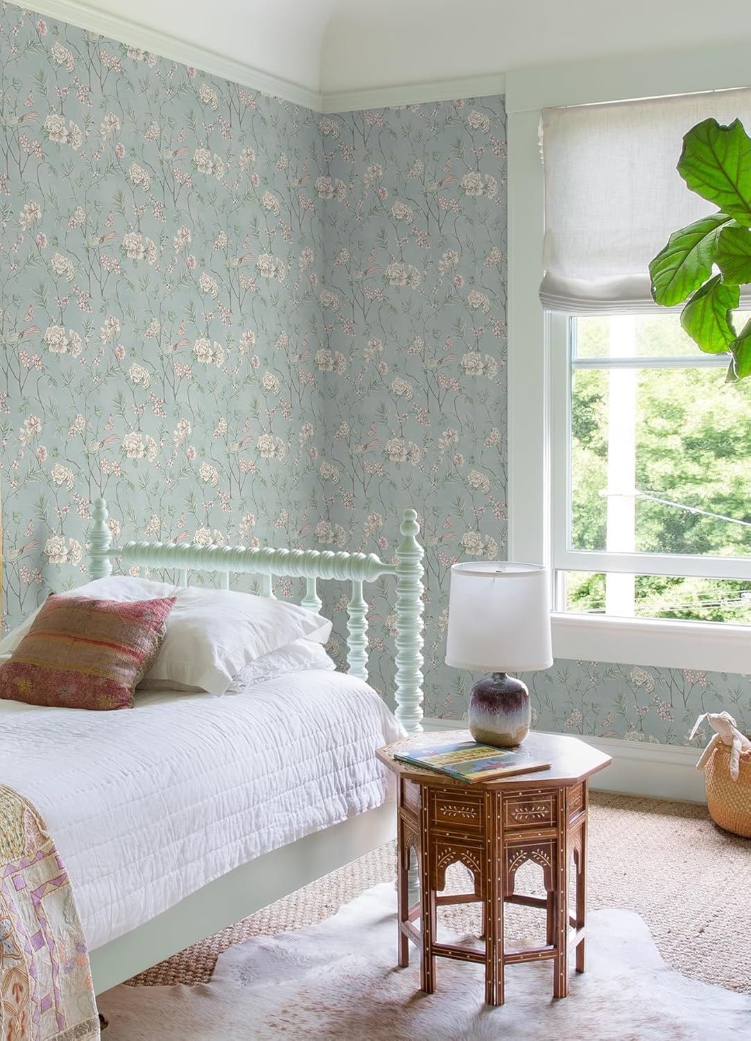 NuWallpaper Chinoiserie Garden Robins Egg Peel and Stick Wallpaper, Removable Wallpaper, 20.5 in x 18 ft