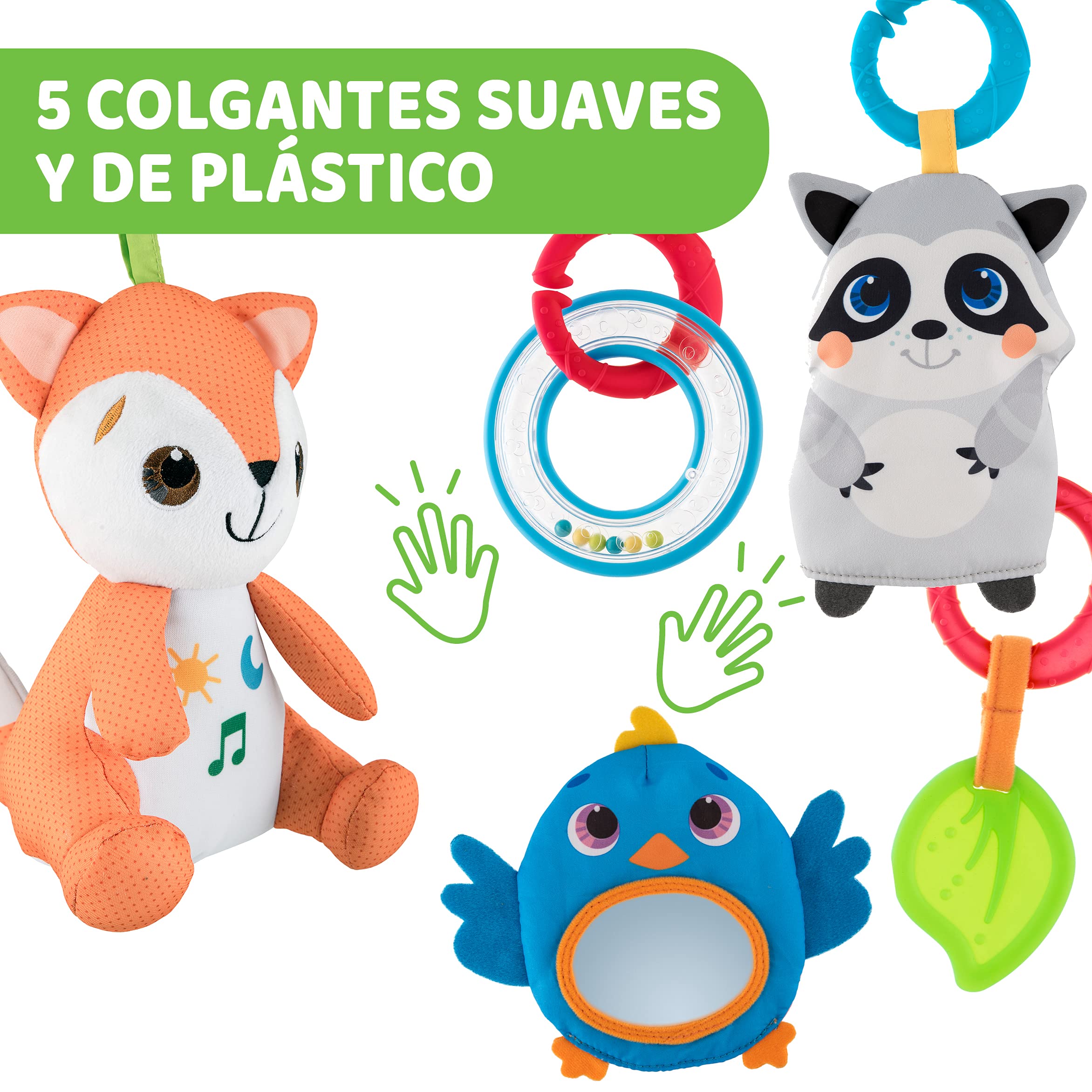 Chicco Descansa y Juega, Gimnasio Multifunción con Arco para Bebés, Manta de Actividades, 5 Muñecos Colgantes Extraíbles, Zorro de Peluche, Música Relajante y Luces Suaves – Juguetes Bebé 0+ Meses
