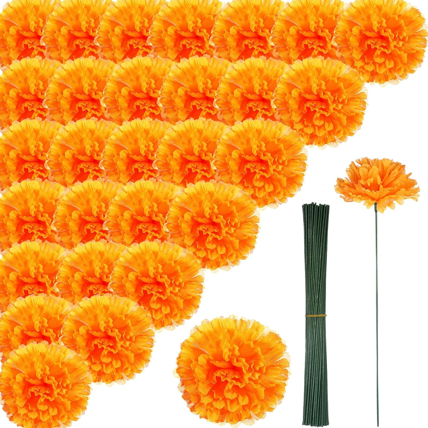 Artificial Marigold Flower with Stems 3.5 Inch Silk