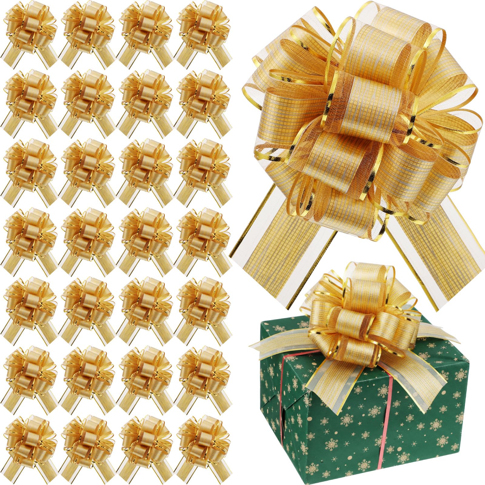 Juexica 30 Pcs Large Christmas Pull Bows for Gift Wrapping 6 Inch Waterproof Ribbon Bow for for Valentine Xmas Wrapping Boxes Gift Decorations(Gold)