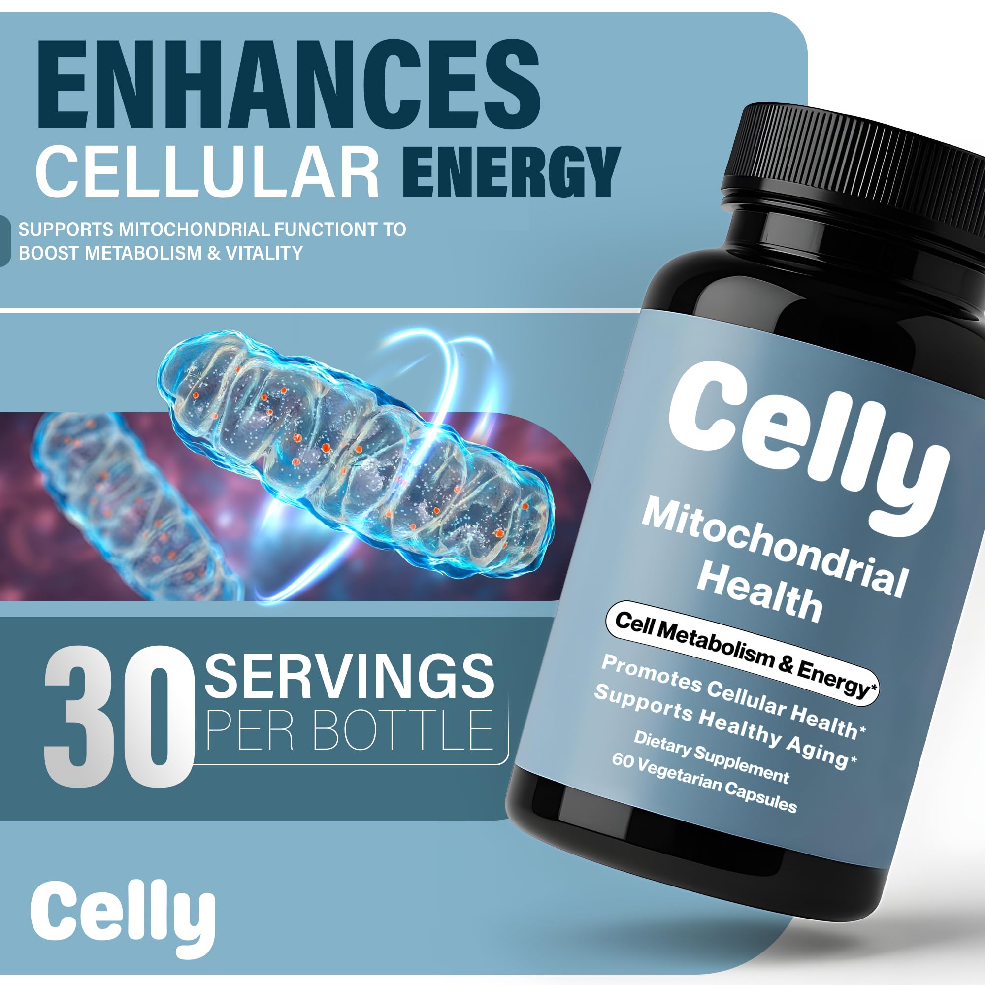 Celly Mitochondrial Health | Longevity Supplement for Cellular Nutrition and Healthy Aging | Promotes Mitochondria ATP Energy with CoQ10, Resveratrol & Green Coffee | Made in USA & 3rd Party Tested — Amazon image 2
