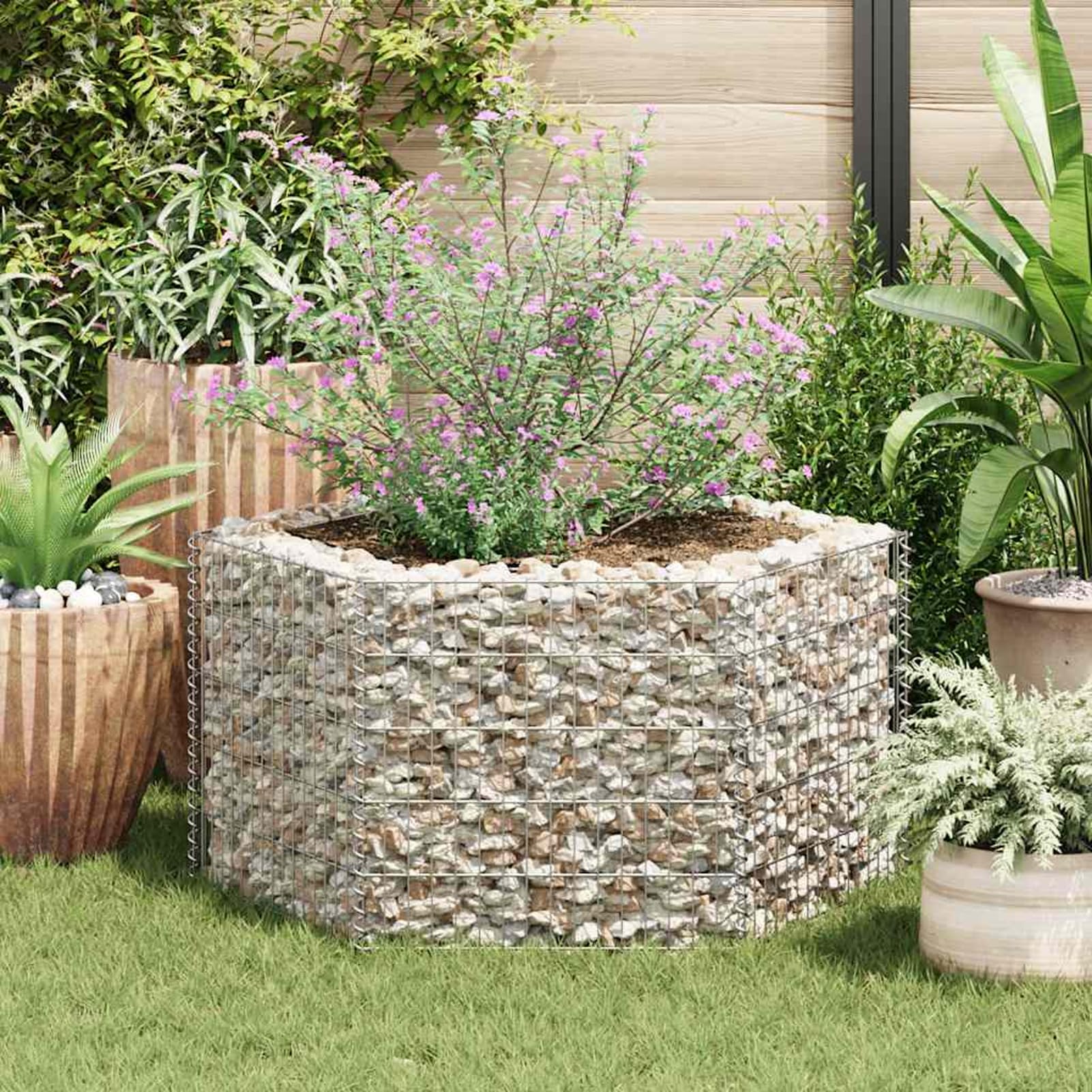 Hexagonal Gabion Planter Stones Cage Basket 100x90x50 cm Galvanised steel