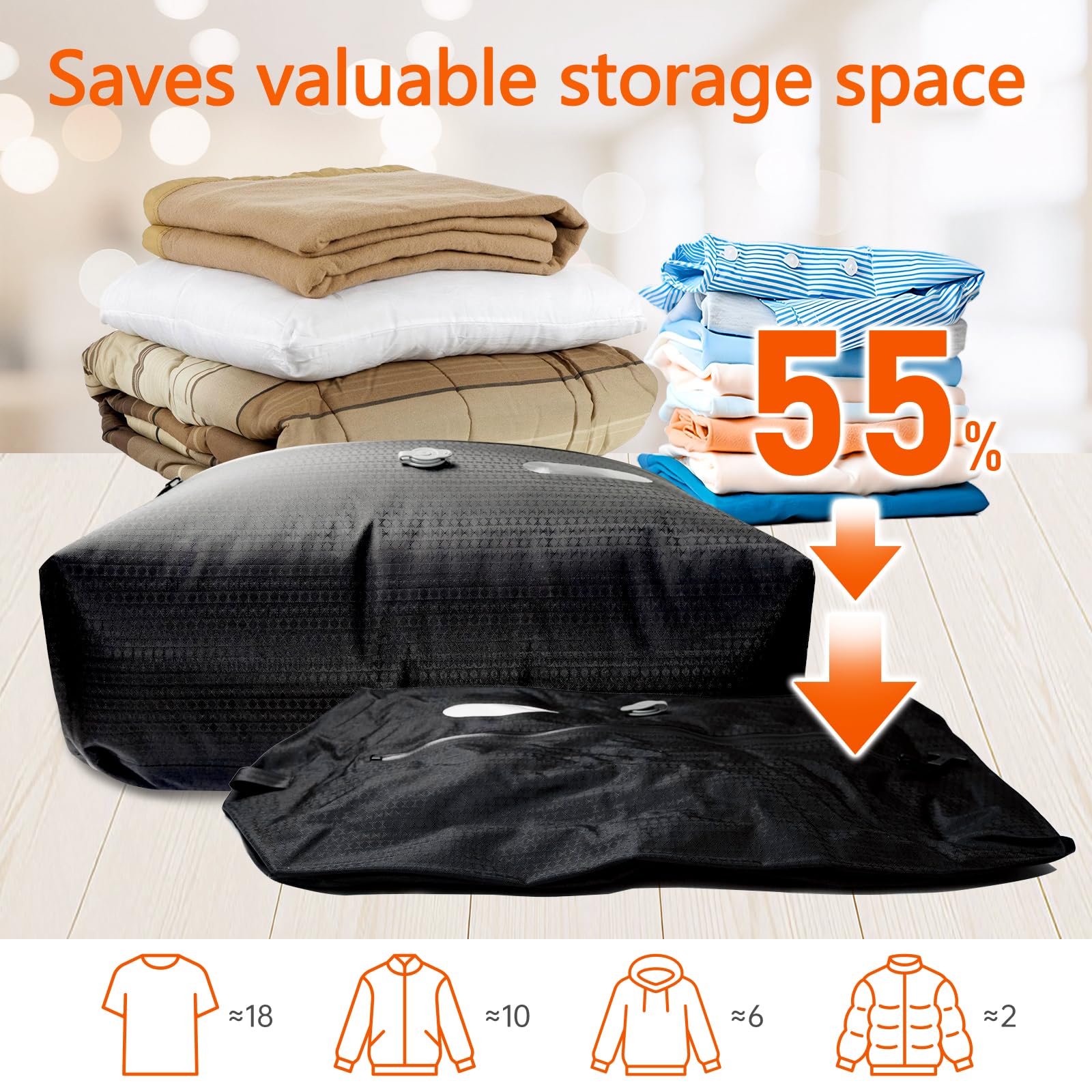 Lot de 2 sacs sous vide de voyage avec pompe, adaptés pour les valises et les sacs à dos, sacs d'emballage sous vide double couche pour vêtements et bagages, sacs d'emballage sous vide pour les