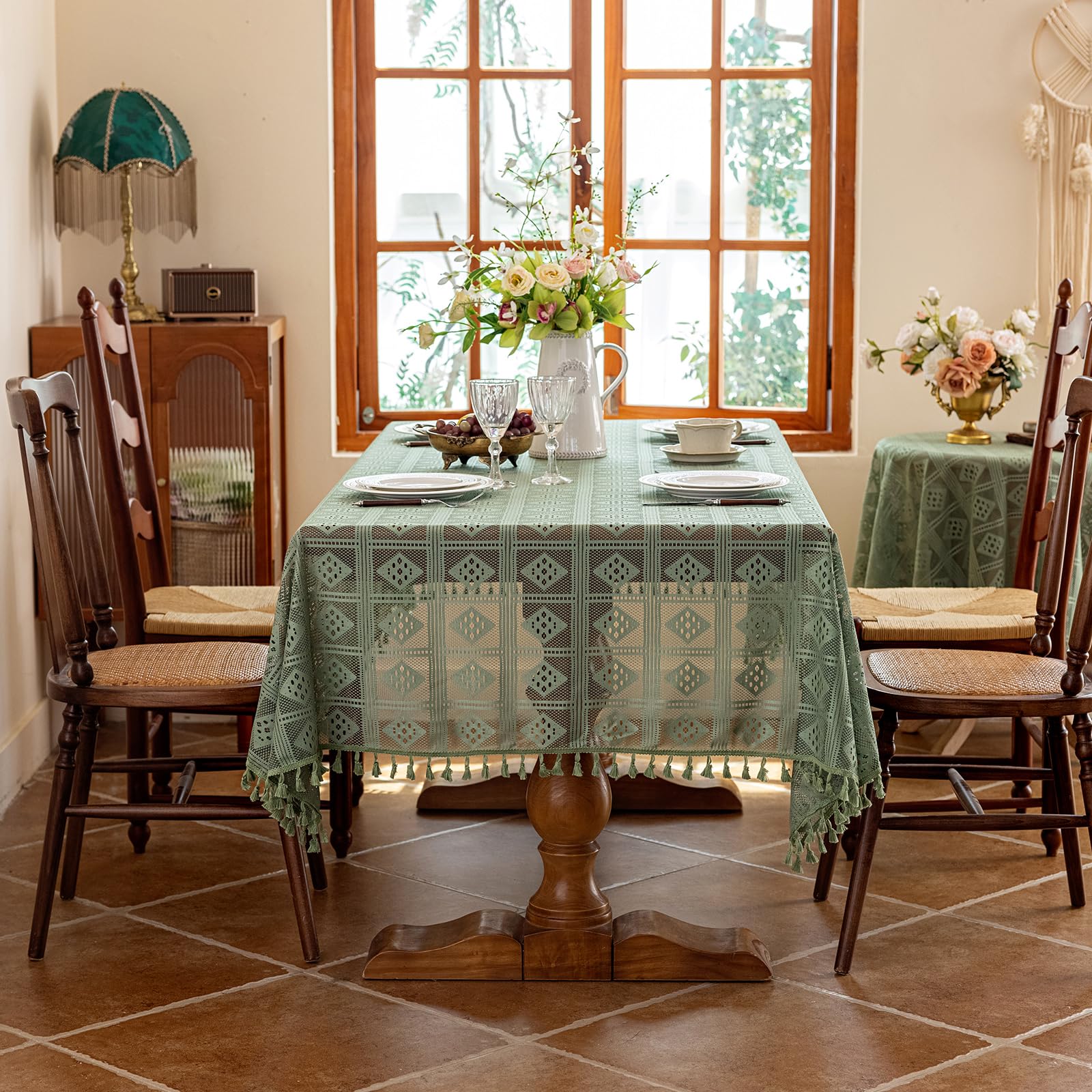 Mantel de Encaje con borlas, Cubierta de Mesa geométrica Boho | Mantel Rectangular de Encaje para Fiesta de Té Rústica de Otoño, Recepción, Decoración del Hogar, Comedor Formal