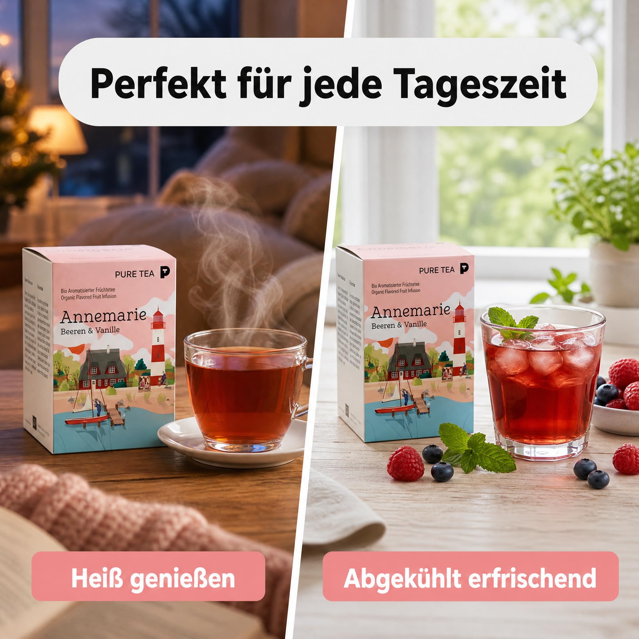 6 x Pure Tea Früchtetee Annemarie Beeren & Vanille, 15 Teebeutel à 3,5 g, aromatisierter Premium-Früchtetee, koffeinfrei & glutenfrei, Dispenserbox