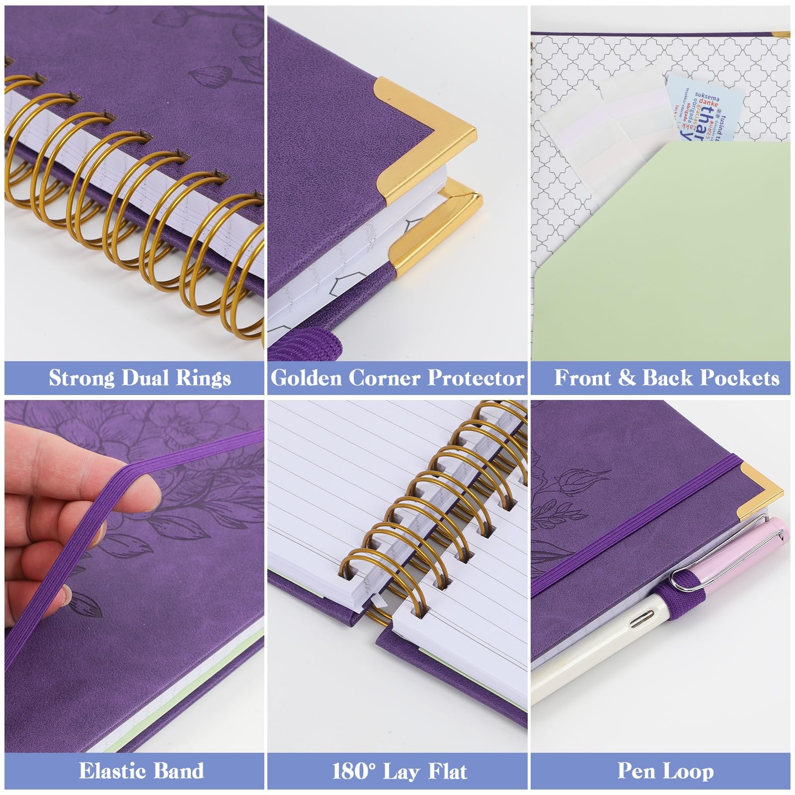 A5 Tagebuch-Notizbücher, Hardcover, Spiralnotizbuch, Leder-Tagebuch, Notizbuch für Frauen und Mädchen, College-Notizbuch mit nummerierter Seite, Tasche und Register, kleines Organizer-Notizbuch für