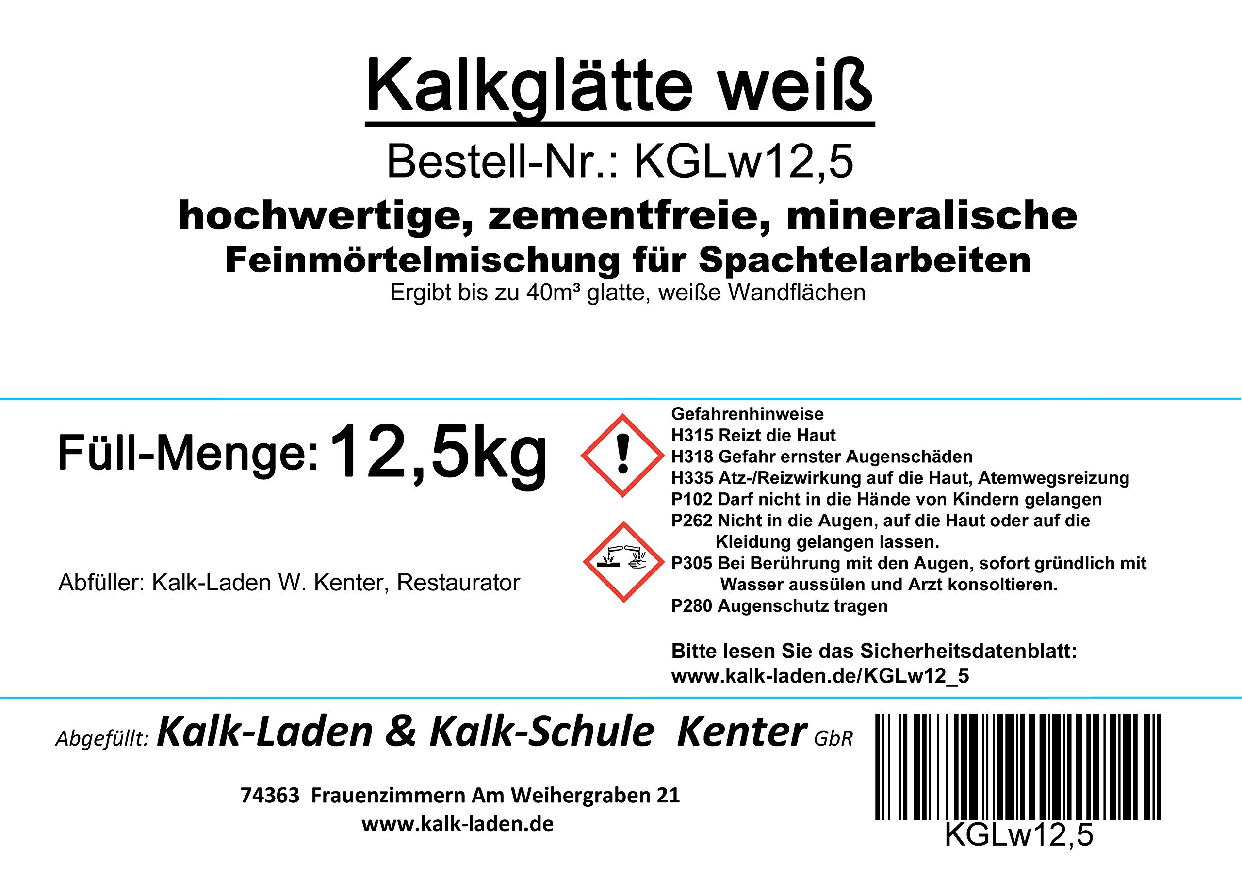 12,5 kg hochwertige, zementfreie, rein mineralische Kalkglätte im Eimer, für bis zu 40 m² Wand- oder Deckenfläche