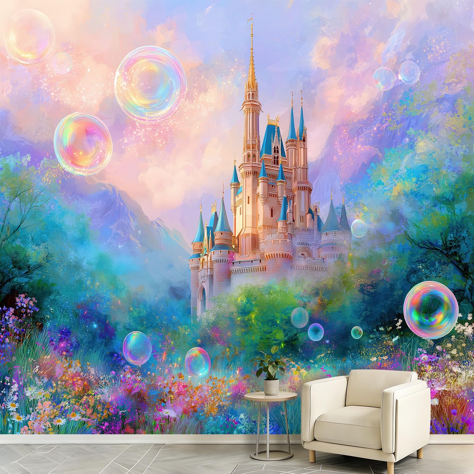 Générique 3D tapeta las zamek bąbelki, panoramiczna tapeta 400 x 280 cm - do salonu sypialnia łazienka i kuchnia dekoracja ścienna plakat, romantyczna kreskówka