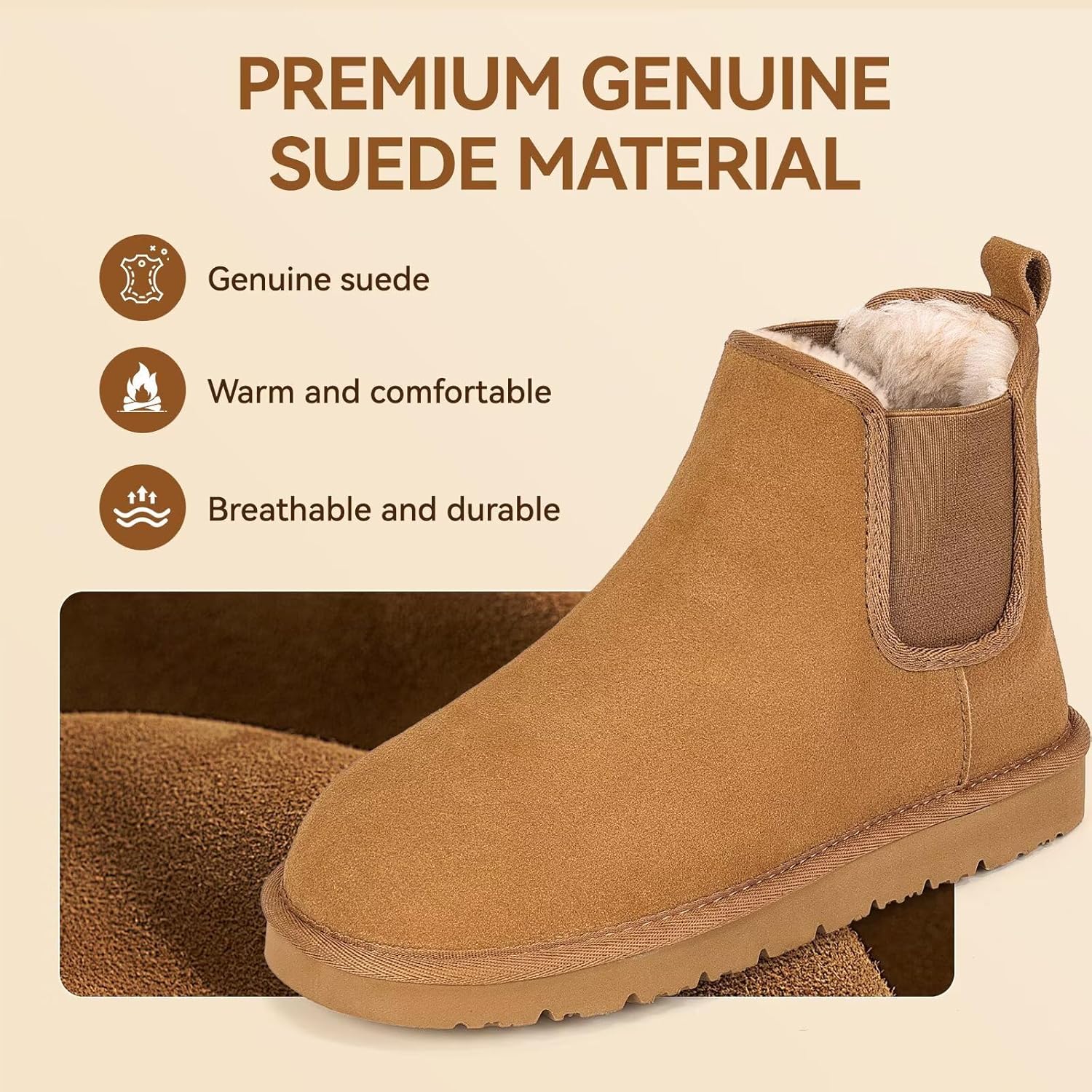 OOW Chelsea Boots Women Warm Comfort Anti-slip Ankle Snow Fuzzy Fall Winter Short Boots for Outdoor Indoor Brown - Image 5