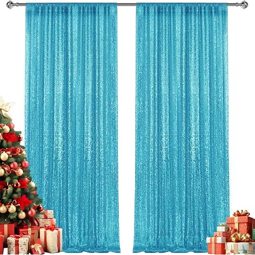 2×8FT-2PCS Turquoise Sequin Backdrop Curtains Panels, Photography Backdrop Glitter Curtains Fabric Background for Christmas Wedding Party Decor