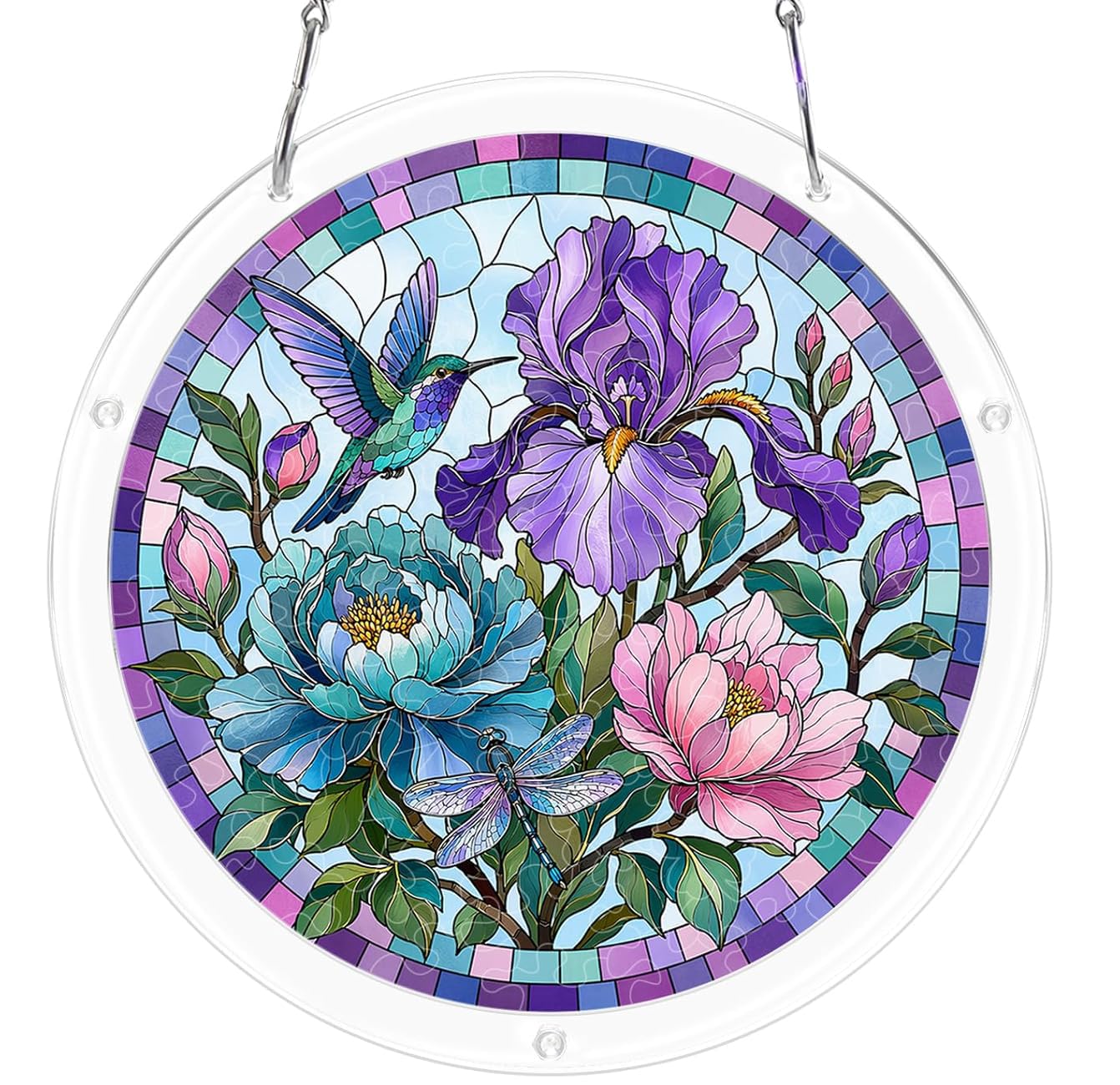 Hummingbird Iris Acrylic Jigsaw Puzzles Suncatcher, 8.9 Inch Window Hanging Suncatcher Acrylic Puzzle, DIY Home Decor Art Gift