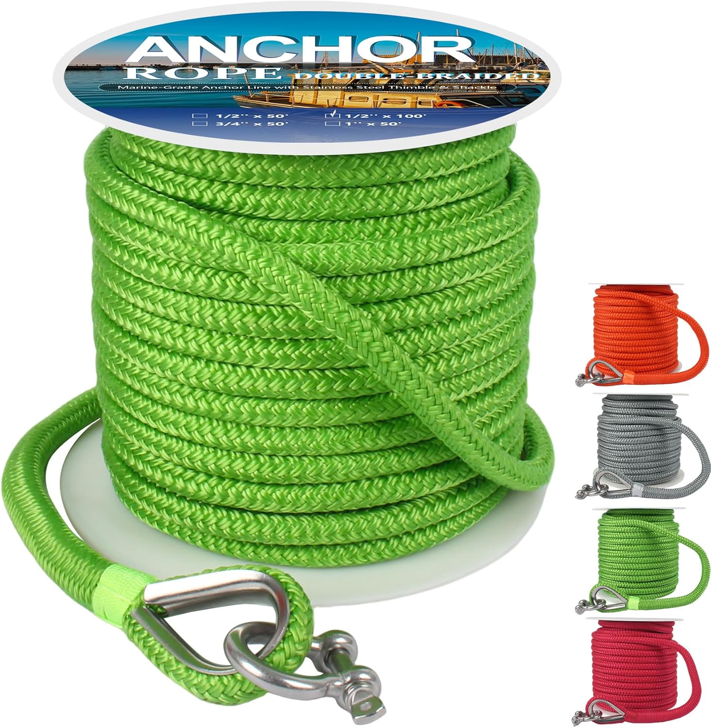 Anchor Rope 100 ft X 1/2 inch, Double Braided Anchor Line, Boat Rope with Stainless Steel Thimble and Shackle for Boating, Anchoring, Mooring, Pulling (Green)