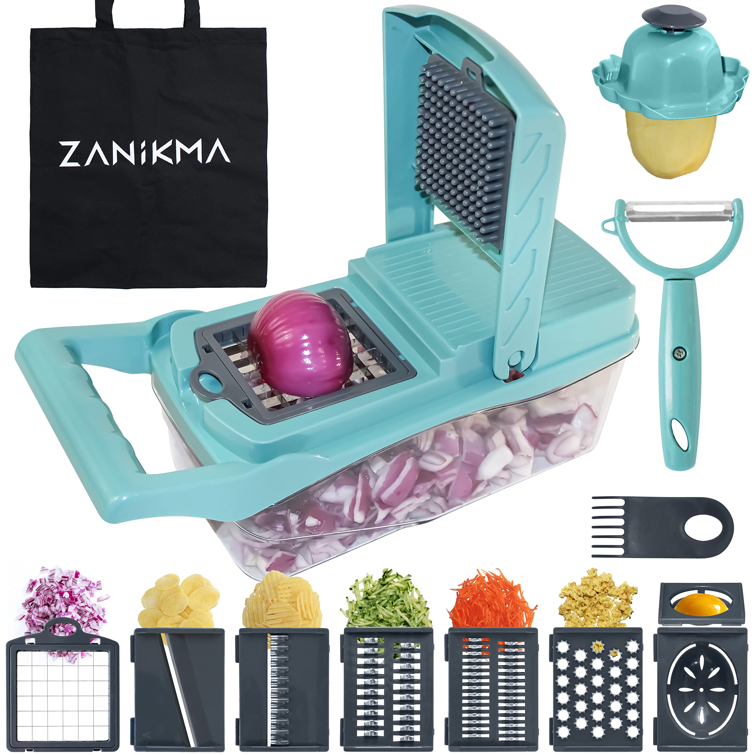 Photo 1 of Vegetable Chopper, Mandoline Slicer for Kitchen, Onion Chopper Dicer, Potato Slicer, Graters for Kitchen, Fruit Cutter, 6 Blades and Accessories, Veggie Chopper With Container and Storage Bag