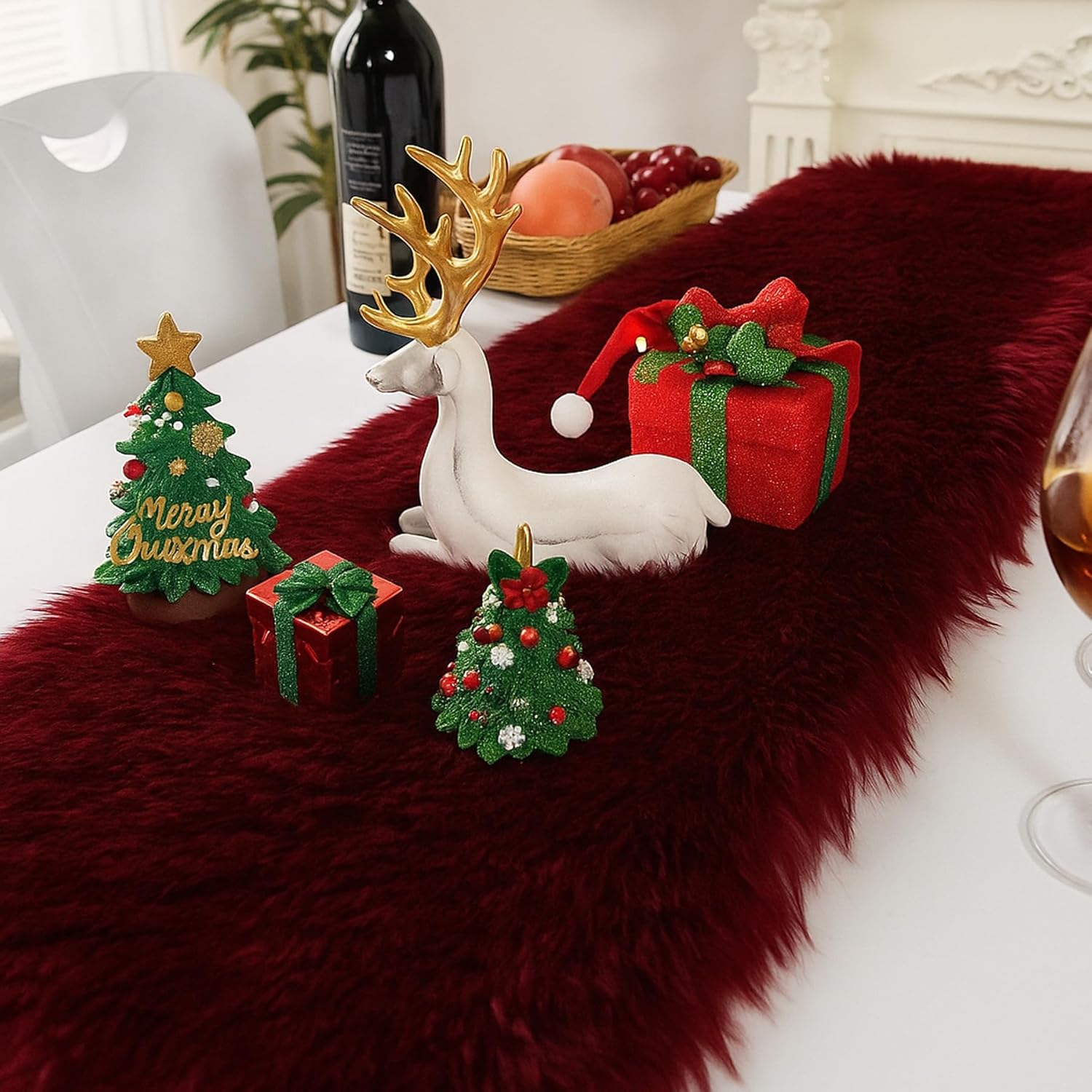 Christmas Table Runner with Tassels, Wine Red Fluffy Faux Fur Xmas Dresser Table Runners for Home Dinning Table Decor ,11.8x70.7 inch