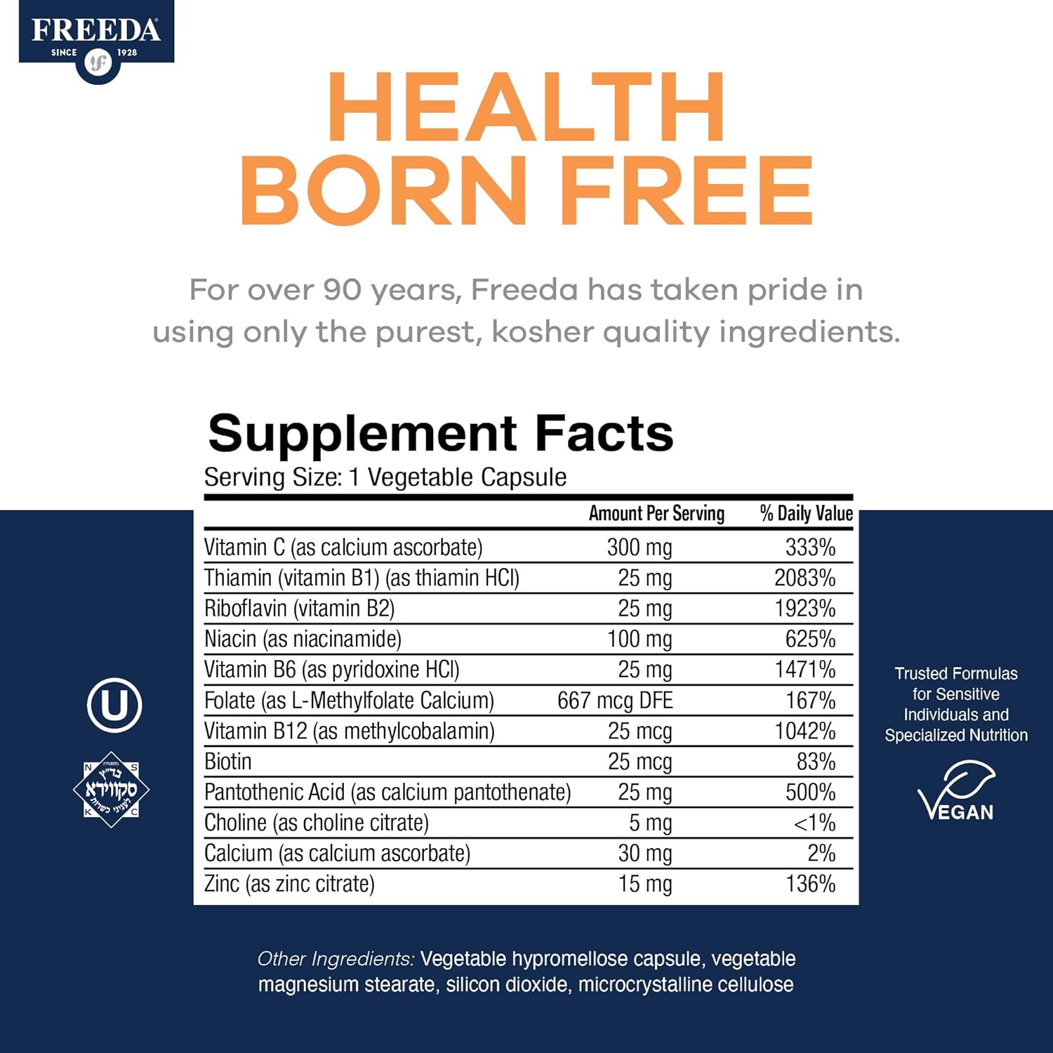 FREEDA Vitamin B Complex with Vitamin C & Zinc – Stress B Complex, Methylfolate & Active B12 + B1 B2 B3 B6 Biotin Choline – BComplex Vitamins for Women & Men – SCD Legal, Kosher, Vegan (180 Capsules)