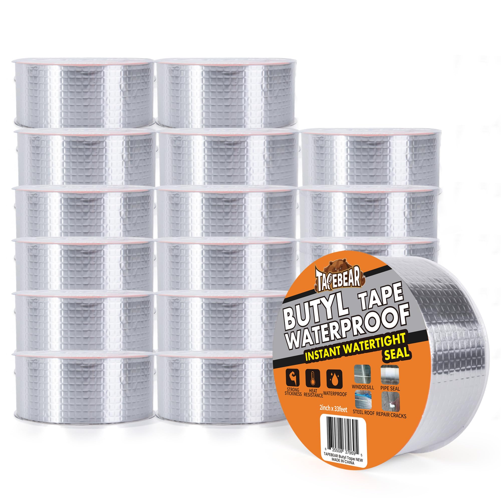 Tapebear Silver 16Rolls 50Mm X 10M Butyl Tape Waterproof Sealant Tape, Aluminum Foil Duct Sealing Tape For Rv Roof Repair, Boat And Pipe Sealing, Silicone, Glass & Edpm Roof Leak Patching,
