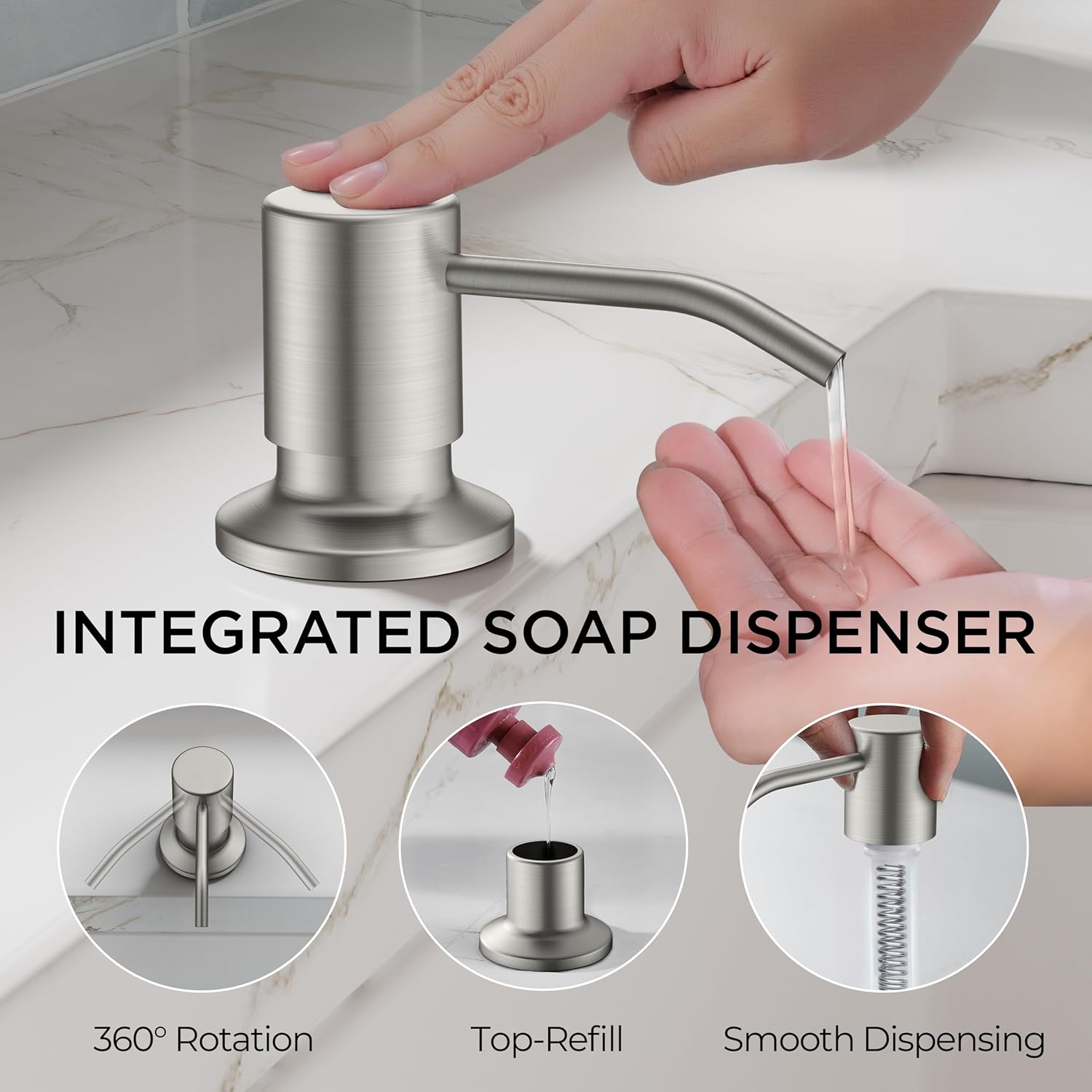 FORIOUS Kitchen Faucet with Pull Down Sprayer, Modern Single Hole Kitchen Sink Faucet with Soap Dispenser, Deck Plate, Brushed Nickel Single Handle, High Arc Stainless Steel for RV Farmhouse Laundry - Image 6