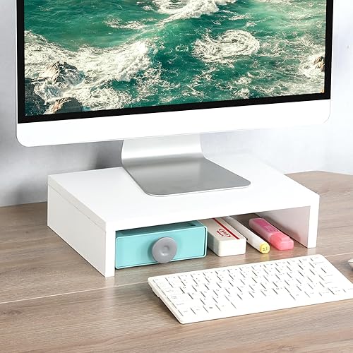 Miniatura 7 de TEAMIX Elevador de monitor blanco de 14.2 pulgadas, elevador de monitor de madera con almacenamiento para escritorio, soporte de monitor pequeño