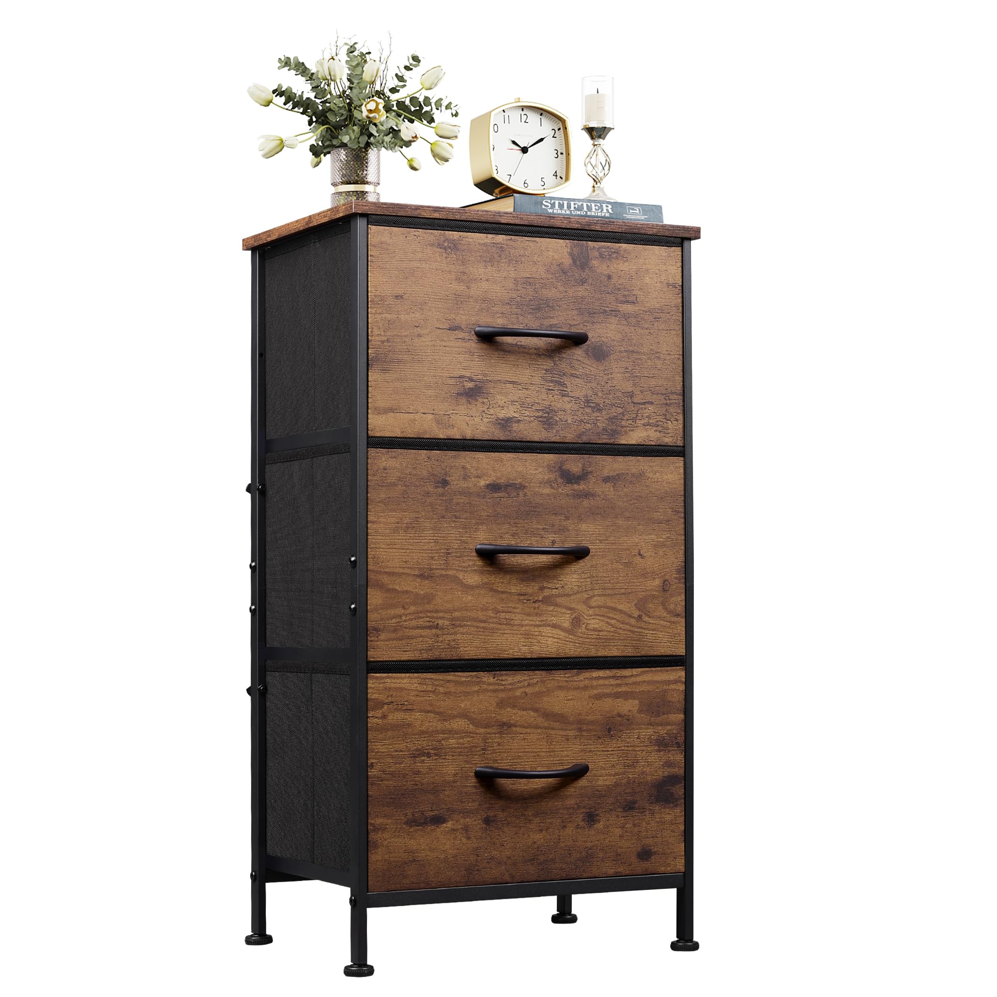 WLIVE Kommode mit 3 Schubladen aus Stoff, Kommodenschrank für Schlafzimmer, Kommode Wohnzimmer, mit Stabiler Stahlrahmen, Vintagebraun-Schwarz (3 Schubladen, Vintagebraun-schwarz)