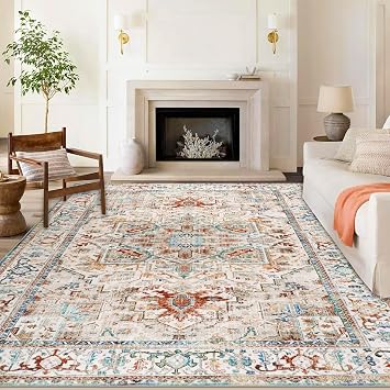 Cekene Oriental Large Rugs for Living Room 200x290cm Non-Slip Bedroom Rugs Machine Washable Area Carpet Low Profile Floor Carpet Mat for Indoor Kitchen Dinning Room PlayroomBeige