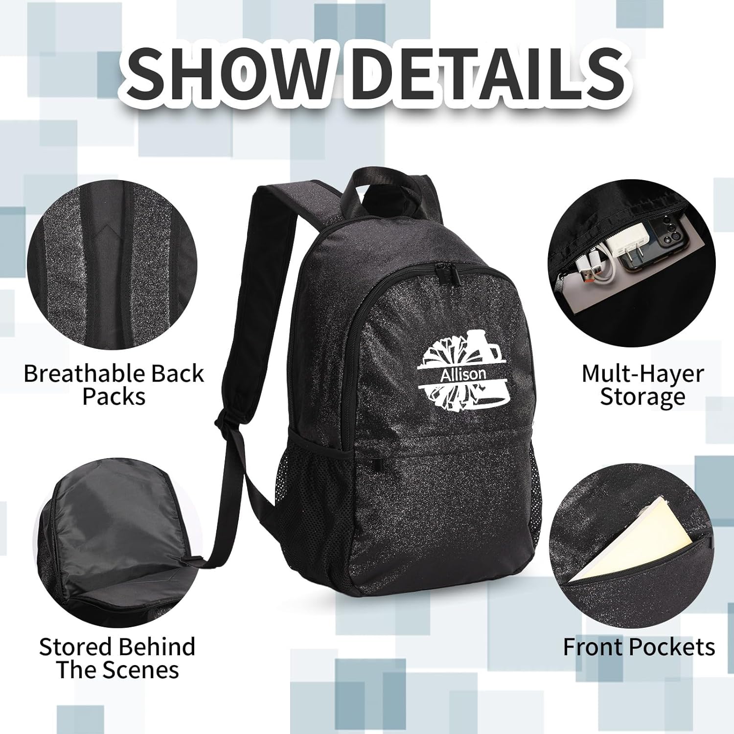 Custom Cheer Bag with Embroidery - Personalized Name Cheerleading Glitter Backpack Sparkle Cheerleader Bags for Cheer Team Gift - Image 5