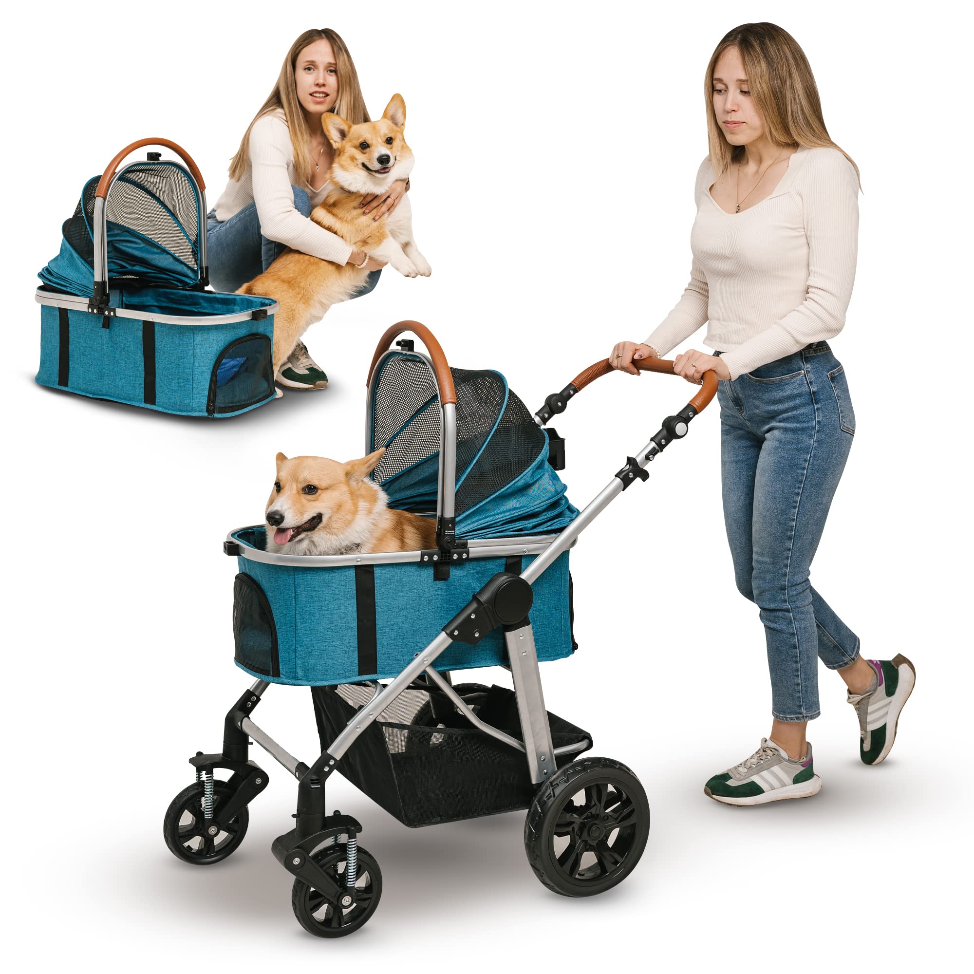 Dog Stroller is a 3-in-1 Multi-Purpose pet Travel System That Includes a Folding Stroller with a Sturdy Frame and Large Wheels. It is Suitable for Small to Medium-Sized Dogs, Cats, and Other Animals.