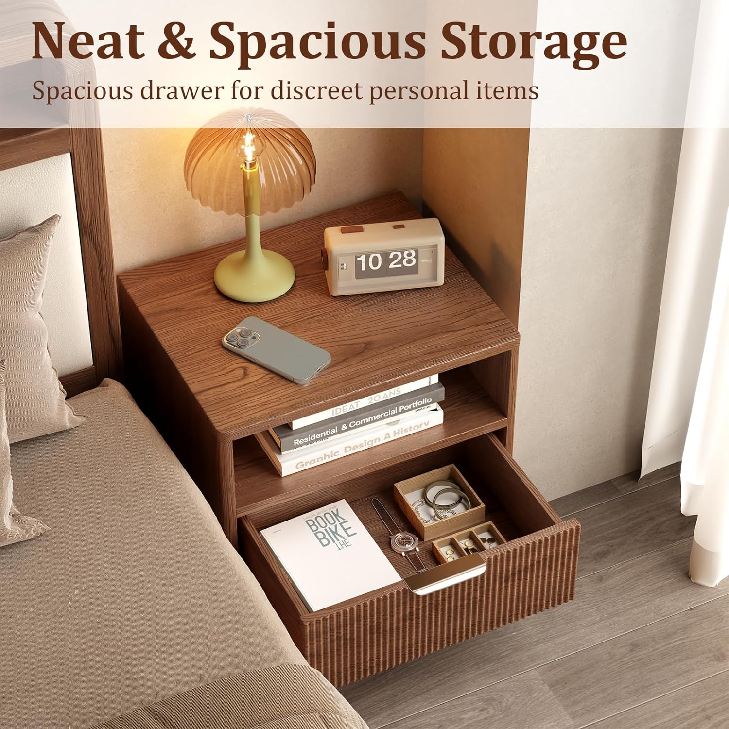 Fluted Nightstand, Mid Century Modern Nightstand, Walnut Finish Bedside Table with Drawer and Open Shelf, Bedroom Side Table, 18.9" W x 15.7" D x 18.5" H