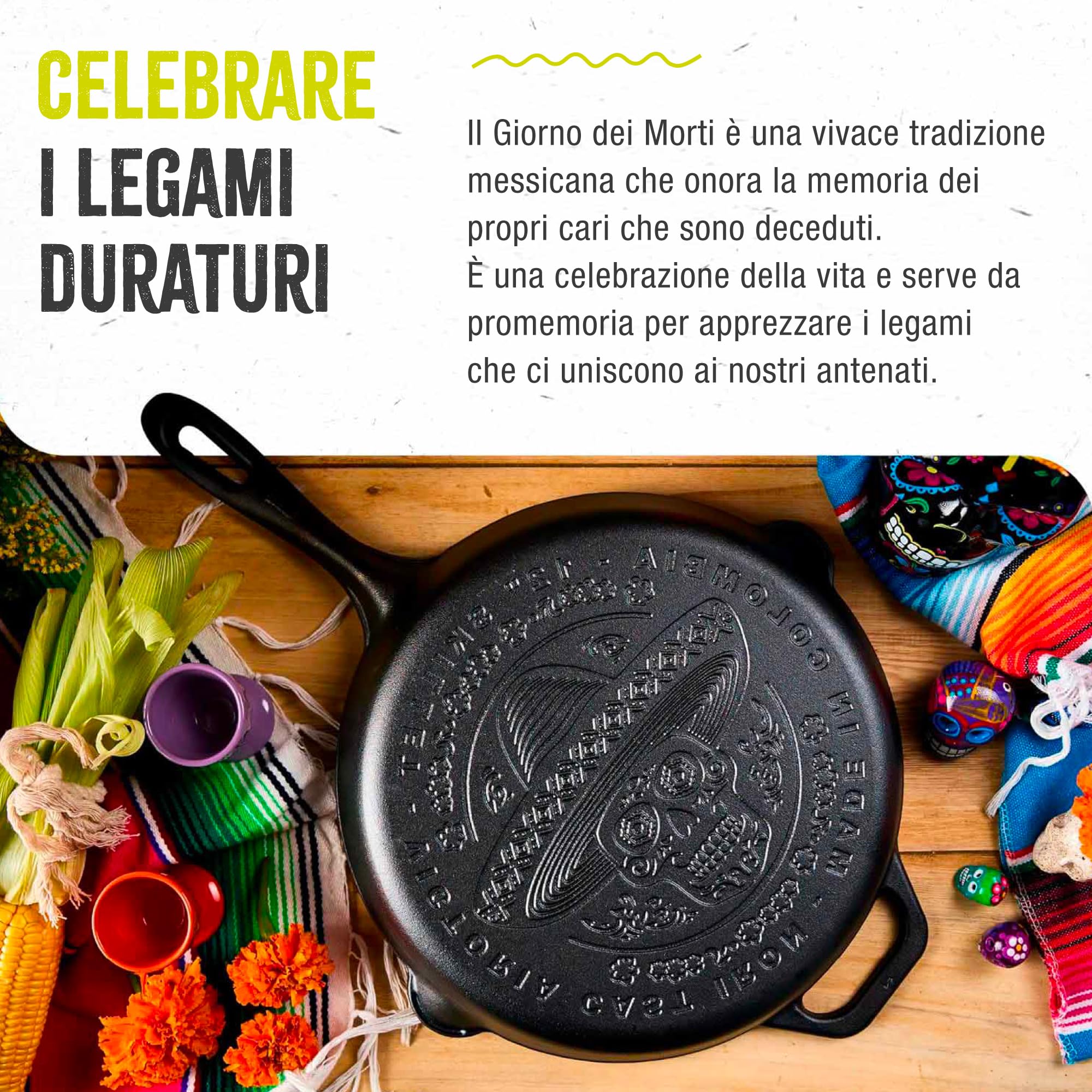 VICTORIA Padella in Ghisa Stagionata 30 cm Day of the Dead La Calaca, per Fuoco, Barbecue, Forno, Induzione e Gas, Cast Iron Skillet Senza Sostanze Tossiche, Senza PTFE e PFOA