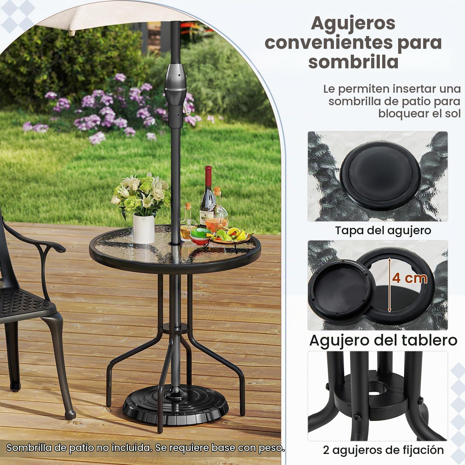 KOMFOTTEU Mesa de Jardín de Vidrio Templado con Agujero para Sombrilla 4 cm | Mesa de Comedor Redonda con Marco de Metal, para Balcón, Terraza, Diámetro 70 cm