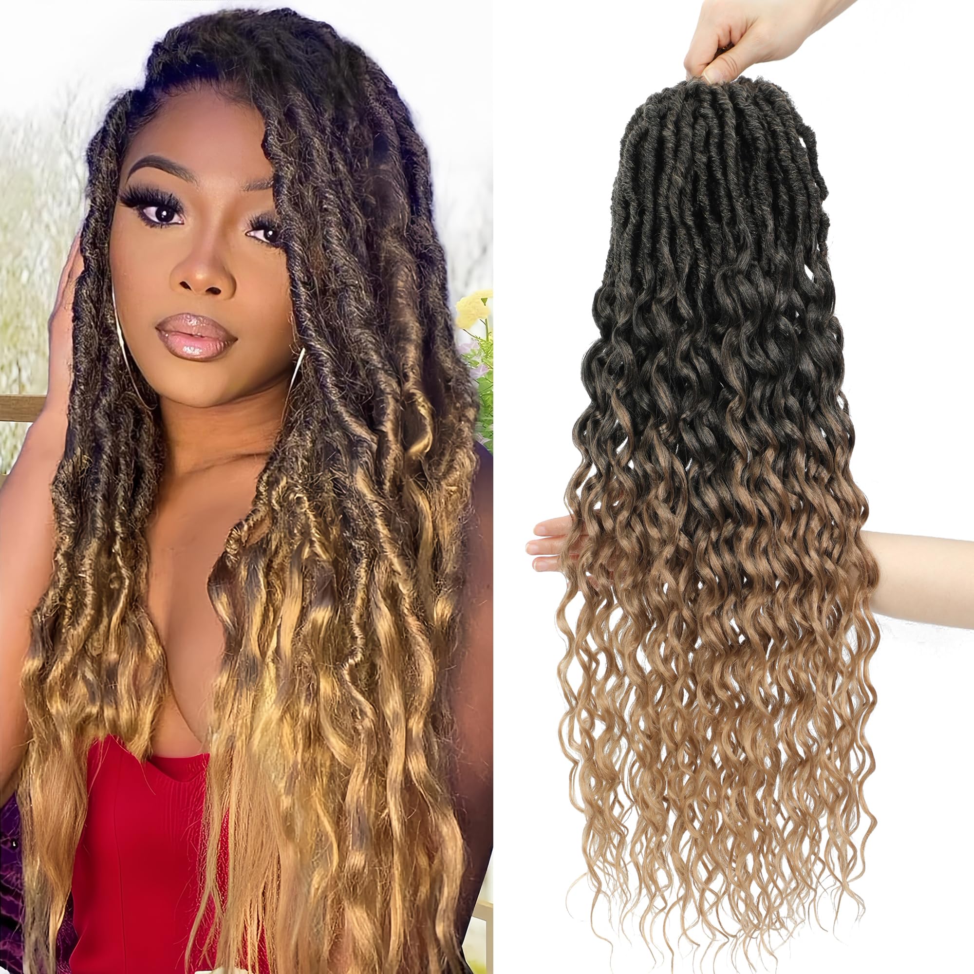 24 Inch Goddess Locs Crochet Hair Faux Locs With Curly Ends Crochet Hair For Black Women Human Hair Deep Wave Hair Ombre Blonde T27 8 Packs
