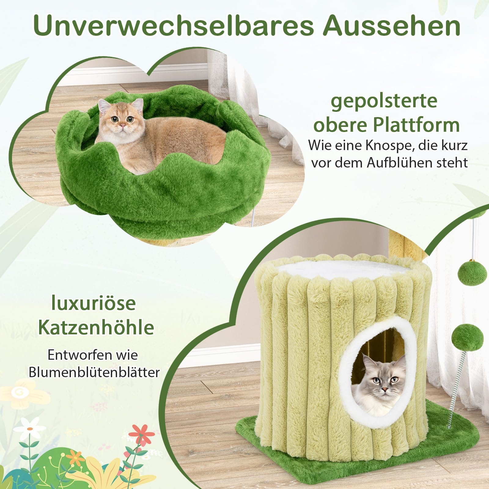 COSTWAY Krabpaal klein, kattenboom met hangmat & bed & sisalstammen & kattenborstel & 2 speelballen, kattenkrabpaal, kattenmeubel, klimboom, 40 x 30 x 72 cm, beige