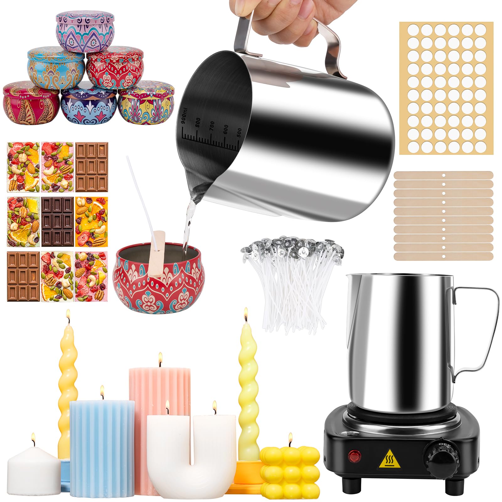 JelyArt Kit para Hacer Velas con Fundidor 900ml, 6 Latas, 100 Mechas | Fundidor eléctrico ,6 latas, 100 mechas de algodón, 10 soportes de mecha, 60 etiquetas adhesivas y manual paso a paso