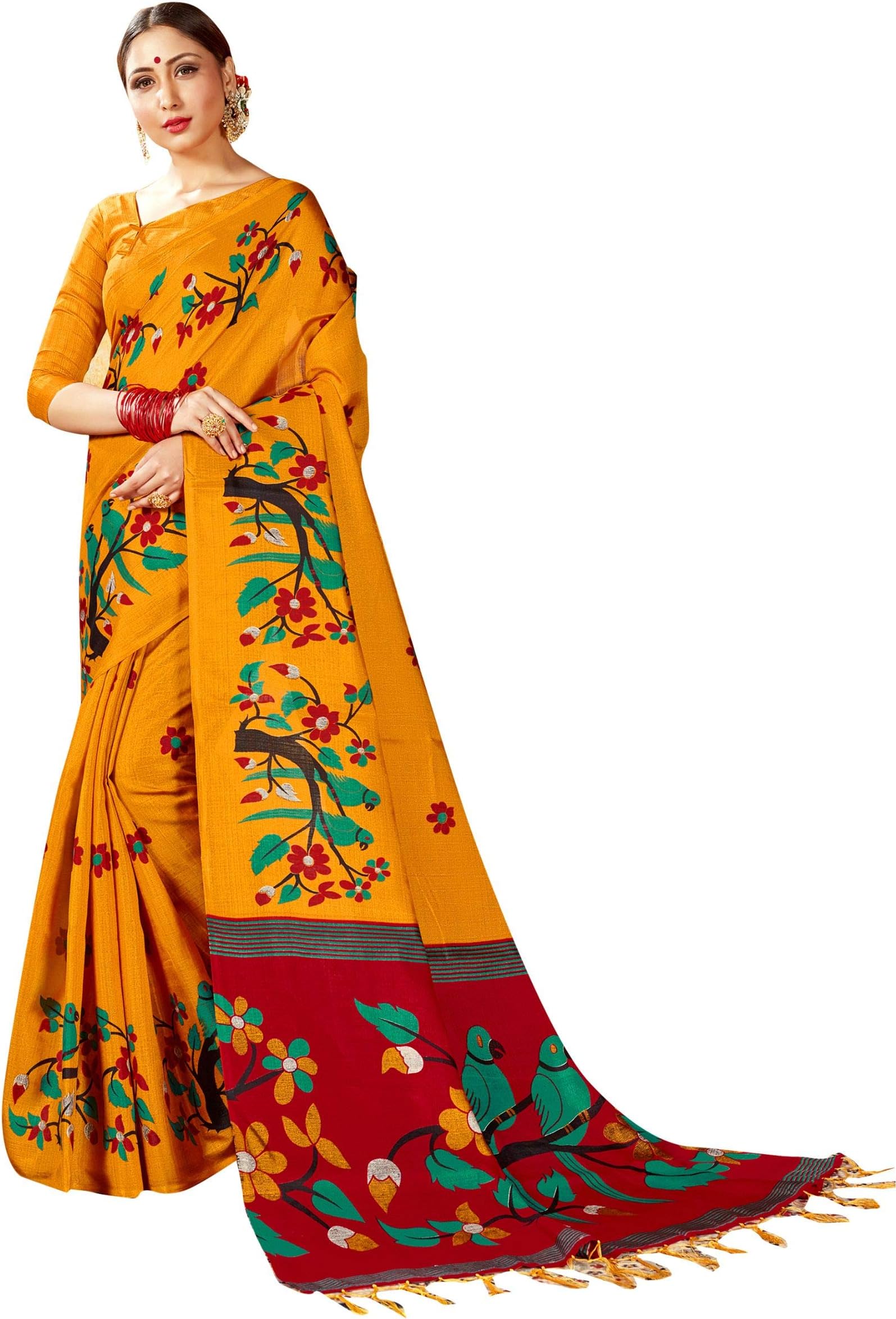 Elina fashionSaree for Women Cotton Art Silk Sarees for Indian Wedding Gift, Sari and Unstitched Blouse Piece - Yellow - One Size