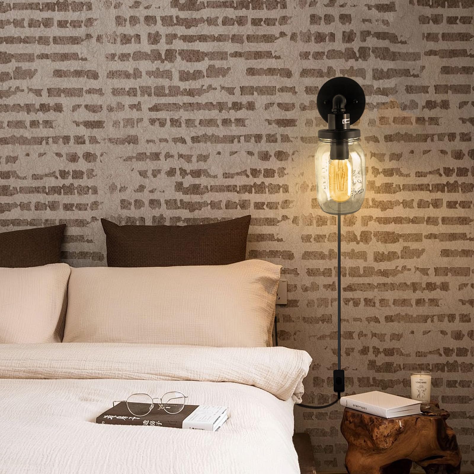 Vintage E27 Innen Wandlampe mit Stecker und Schalter Wandleuchte mit Kabel Steckdose Wandbeleuchtung Industrial Retro Wandleuchten Eisen Glas für Wohnzimmer Schlafzimmer Loft (2 Stück)