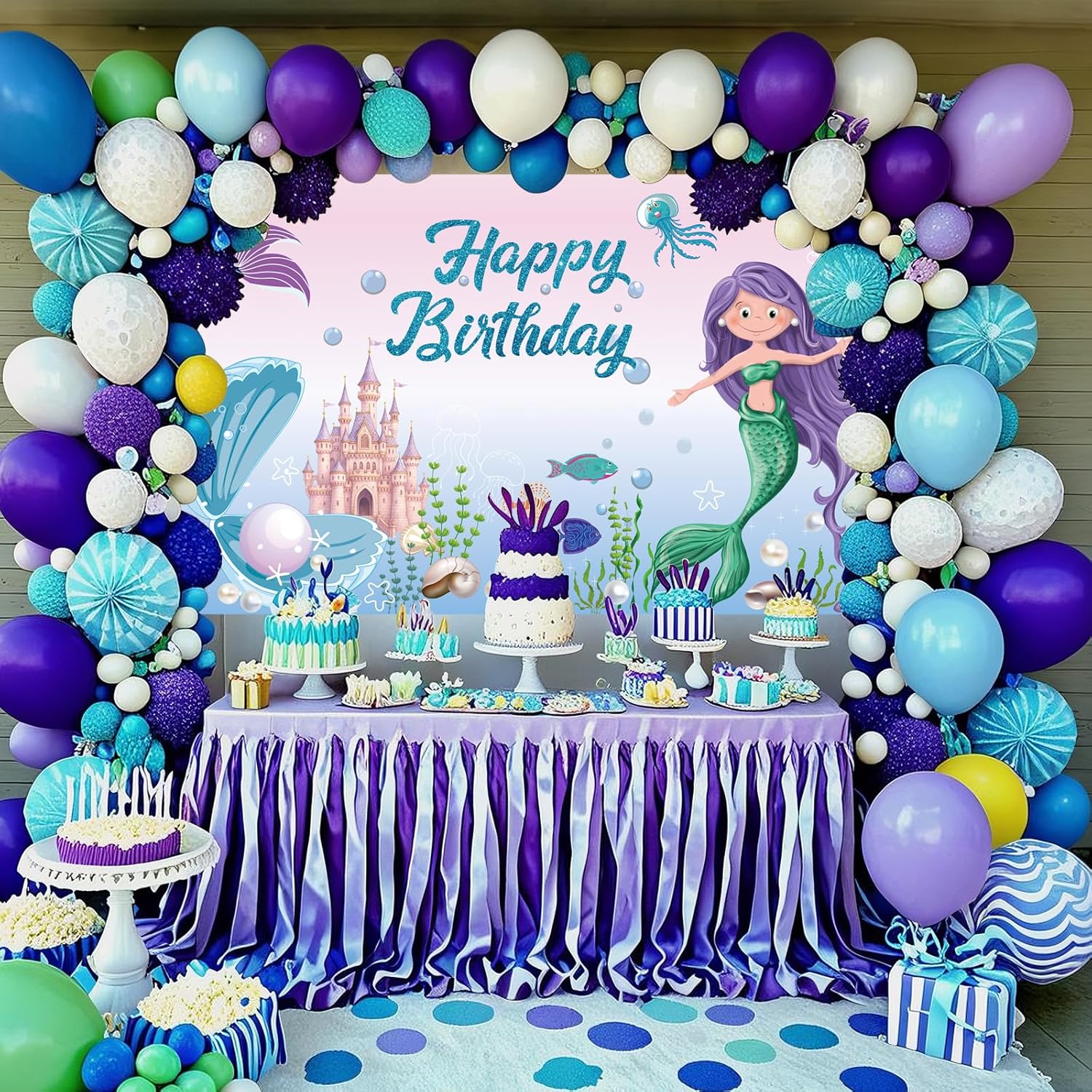 Mermaid Happy Birthday Banner, 70.86x43.31in Mermaid Theme Birthday Party Decor Backdrop Photo Booth Props for Girls