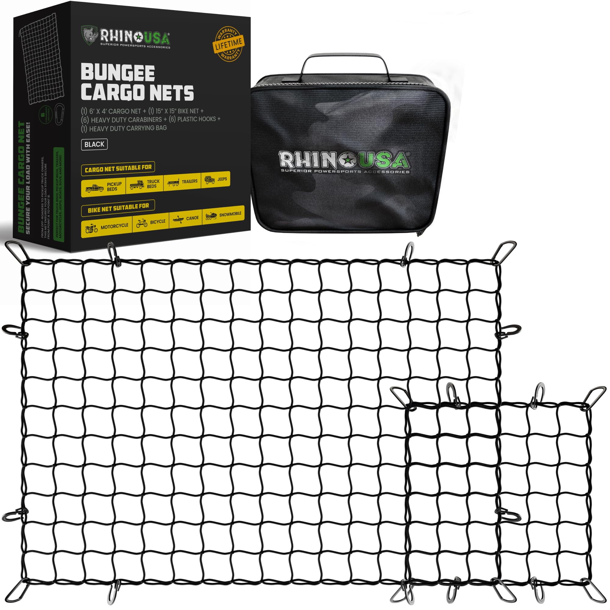 Rhino USA Bungee Cargo Net Set - Truck Bed Net with Carabiners &amp; Case